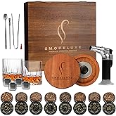Whiskey Smoker Kit with 8 Wood Chip Flavors - Premium Bourbon Smoker Kit Set with Glasses, Stainless Steel Ice Cubes, Refillable Torch Lighter & Custom Wood Box - Birthday Gifts for Men