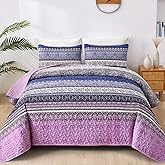 WONGS BEDDING Boho Queen Quilt Set, Purple Bohemian Quilt Bedding Set, Lightweight Bed Decor Bedspread for All Season Reversible Microfiber Coverlet Bedding Set 96"x90"(3 Pieces)