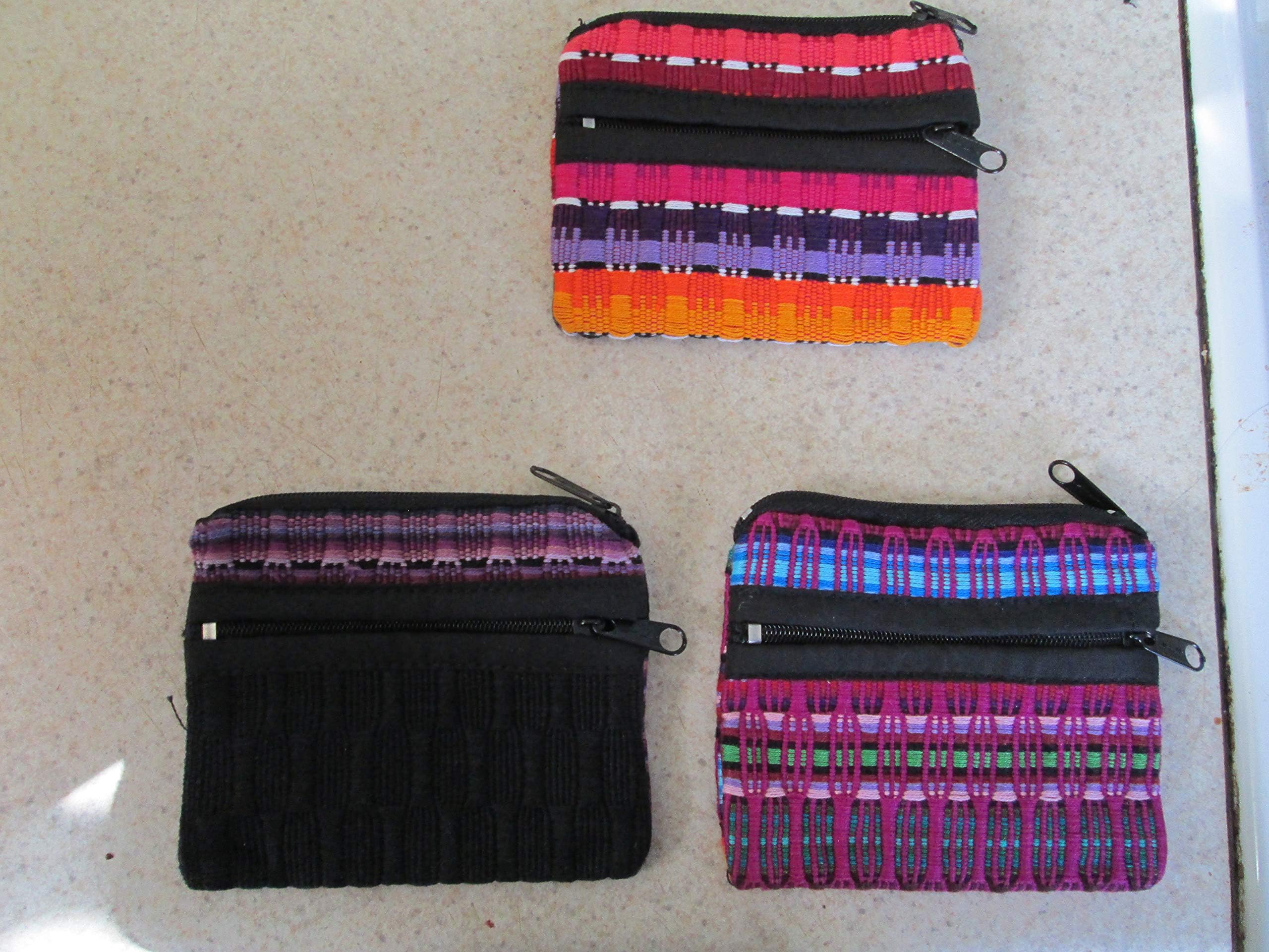 3 bright rainbow purple zig zag knit geometric crochet design zippered Guatemalan woven textile boho ethnic purse coin purse credit card electronic pouch stash bag wallet fair trade cotton ethnic