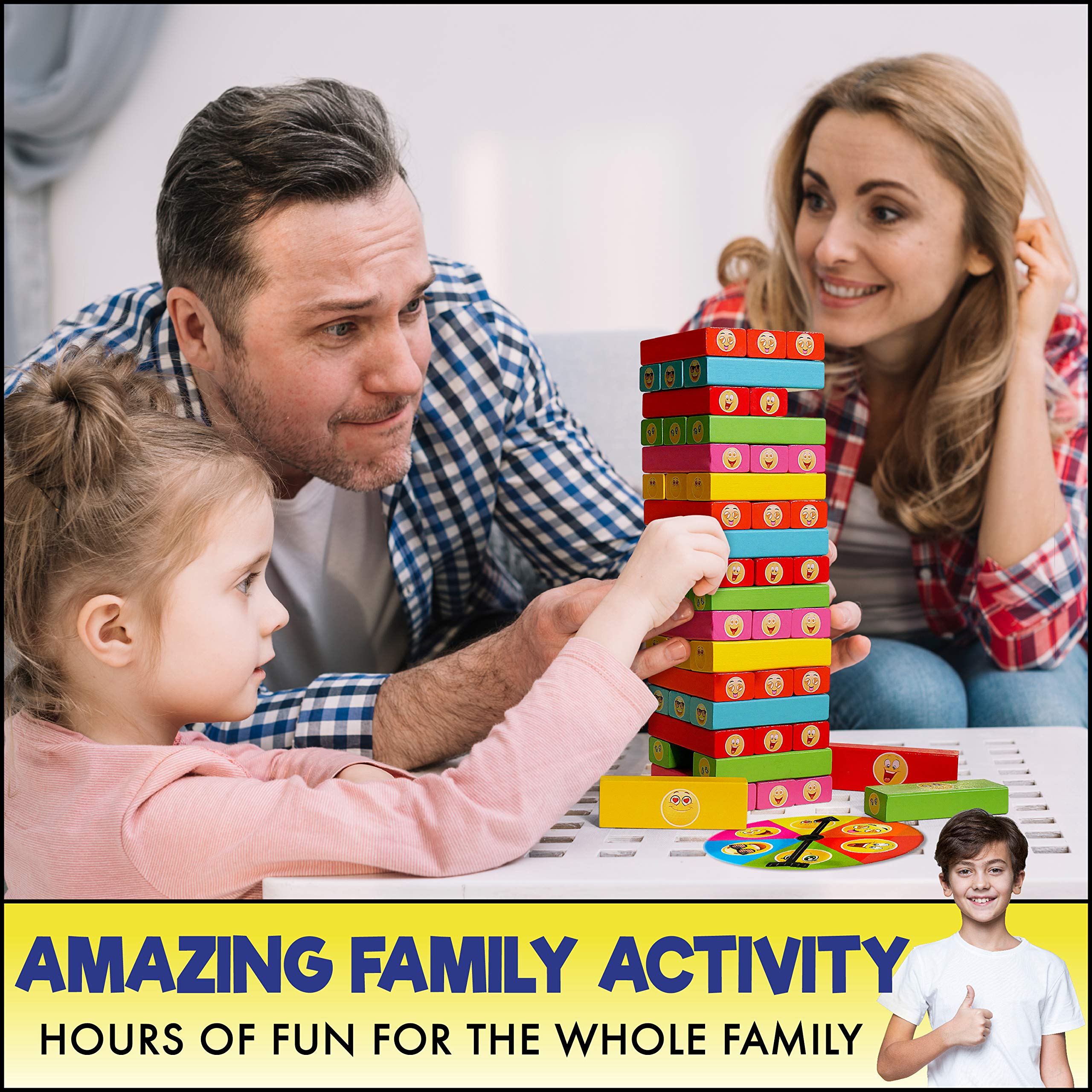 ShooBacK Tumbling Stacking Color Blocks for Kids 51 Pcs Plus Roulette and 2 Dices,Wooden Colored Toppling Stacking Game for Boys and Girls at Age 3 Years Old and up.