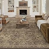 WondRg 8x10 Brown Washable Vintage Area Rug for Living Room Bedroom Soft Tranditional Non Slip Large Throw Rug Lightweight Floral Low Pile Distressed Carpet Office Playroom Dining Room
