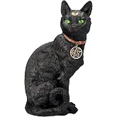 Pacific Giftware Realistic Black Cat Sculpture with Crescent Moon and Wicca Charm 12” Tall