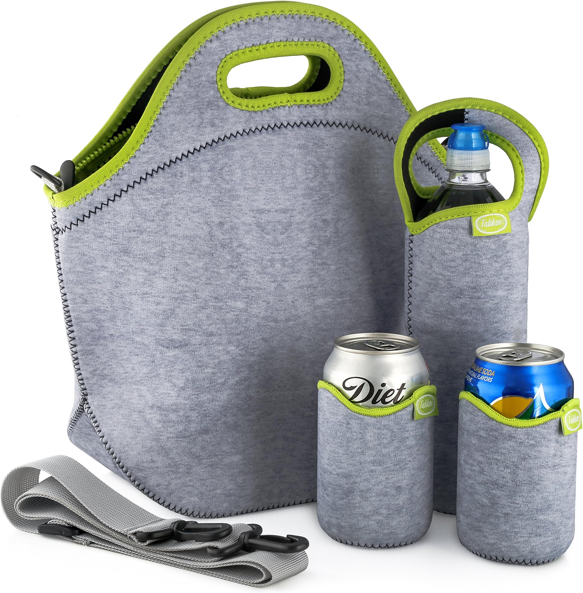 Tabkoe Insulated Neoprene Lunch Bag Set with Tote, Bottle Sleeve, 2 Can Insulators & Adjustable Crossbody Shoulder Strap | Washable, Reusable, Stretchy, Extra Large Travel Lunch Box (Green Gray)