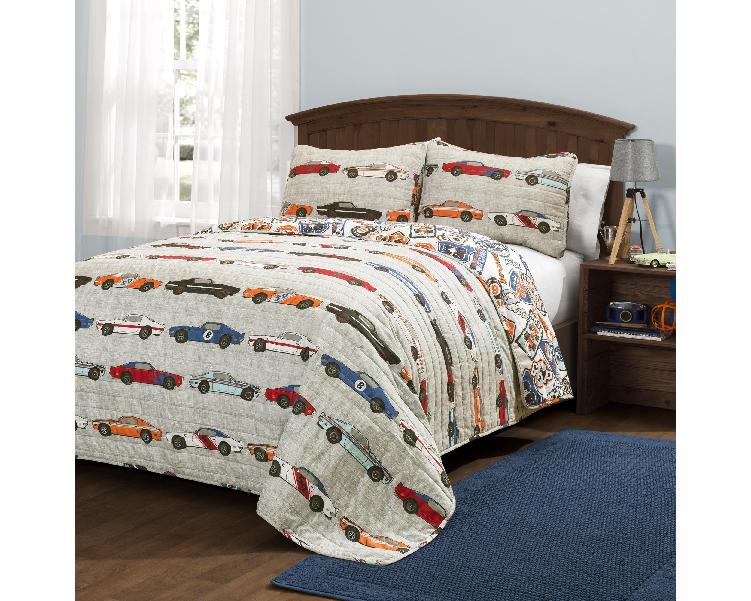 Lush Decor Race Car Kids' 3-Piece Quilt Bed Set, Reversible Bedding Set for Boys, Blue & Orange, Full/Queen Image