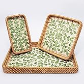 Set of 3 Rectangle Rattan Serving Trays with Mother of Pearl Inlay – Hand-Woven Wicker Trays for Coffee Table, Bathroom, Kitchen Counter or Entryway, Boho Coastal Decor, Green Leaves Design