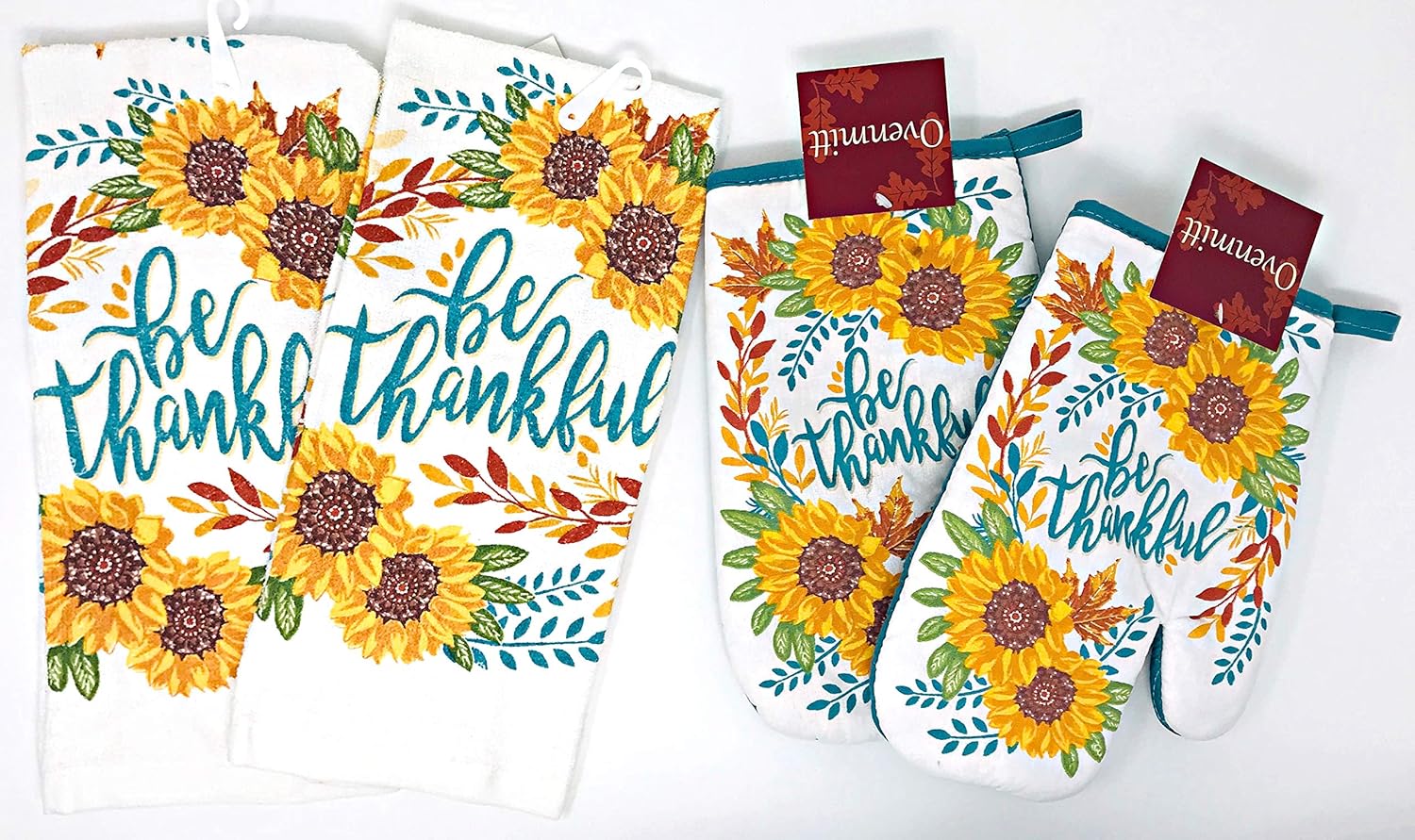 Kitchen Towel Set of 2 | Autumn Pot Holders or Oven Mitts & Set of 2 Autumn 100% Cotton 15 inches x 25 inches (Be Thankful | Sunflowers)