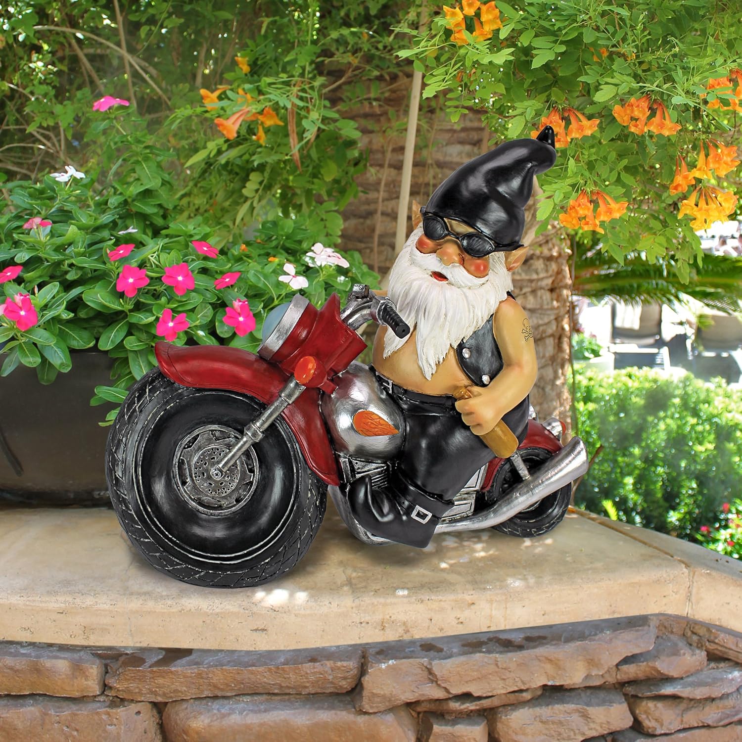 Motorcycle Biker Gnome Garden Statue Out Door Lawn Dwarf Decor Patio