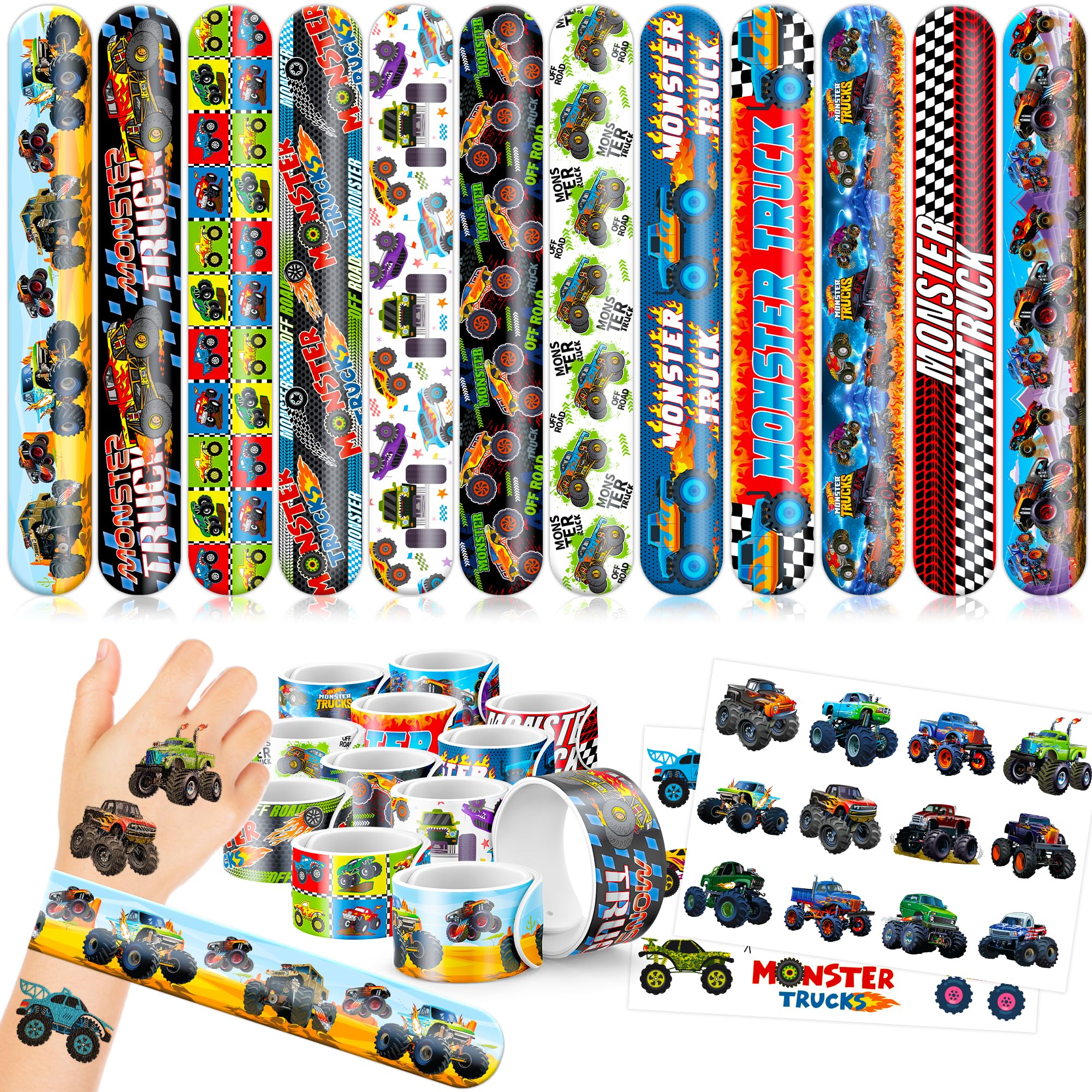 72PCS Monster Truck Party Favors – 48 Pre-cut Temporary Tattoos & 24 Slap Bracelets for Kids – Ideal for Boys' Birthday Parties, Classroom Prizes, and School Rewards