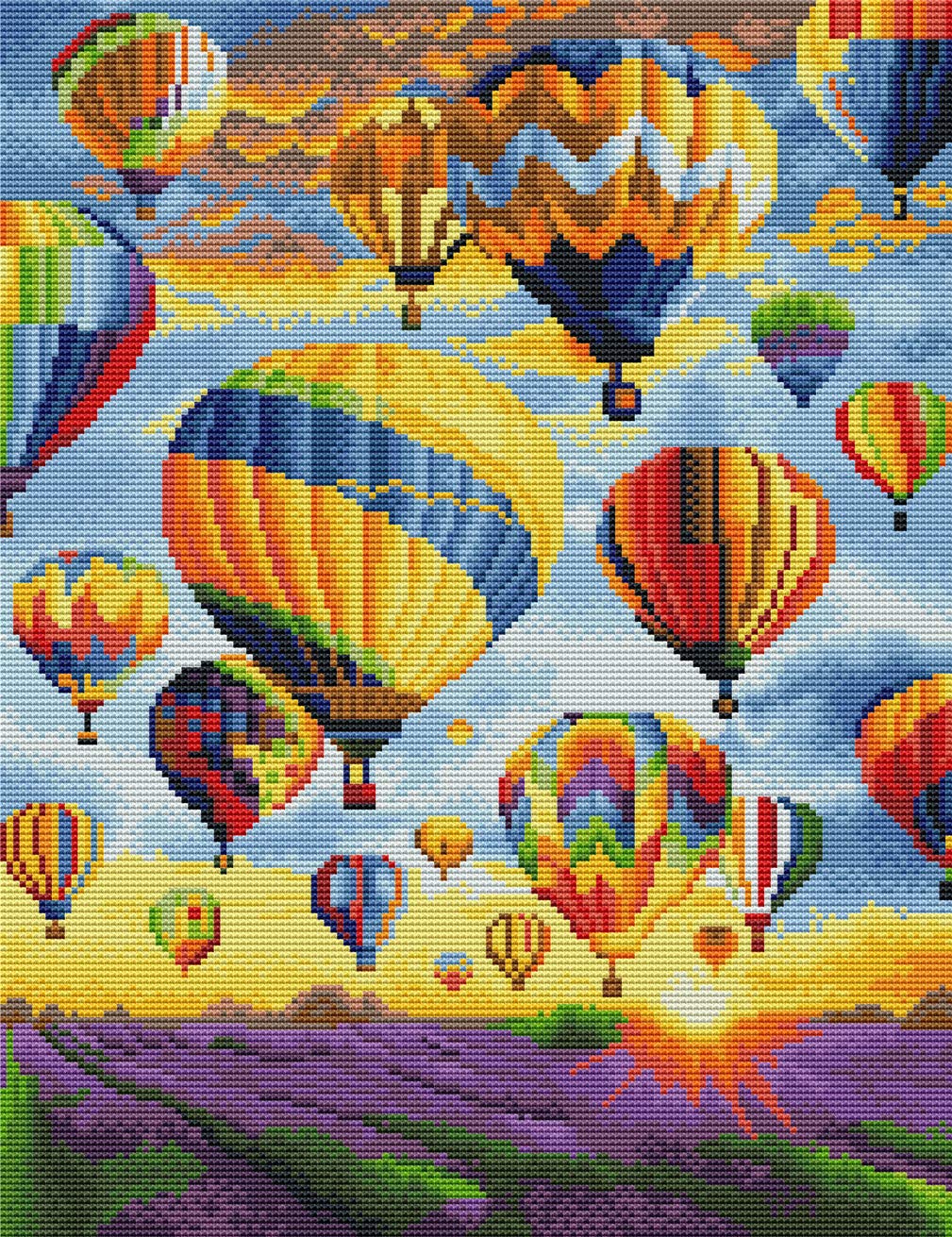 Abillyn Embroidery Cross Stitch Kits Lavender Field, Colorful Hot Air Balloons Stamped with Printed Pattern Starter Kit (Lavender)