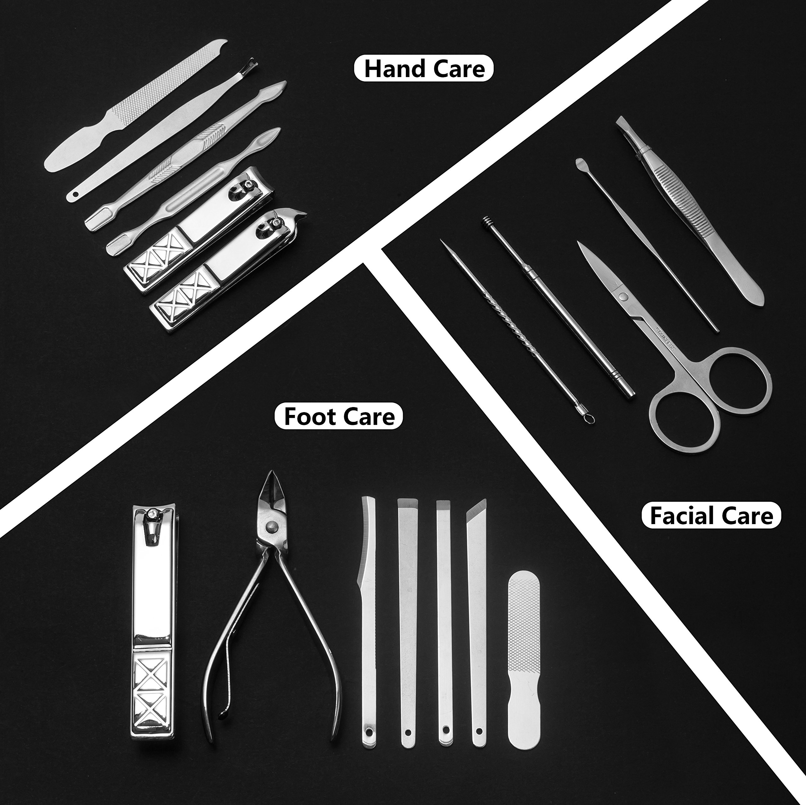 Manicure Pedicure Set, WLWQ 18 in 1 Stainless Steel Pedicure Kit Professional Nail Clippers Grooming Tools with Portable Leather Travel Case (Black)