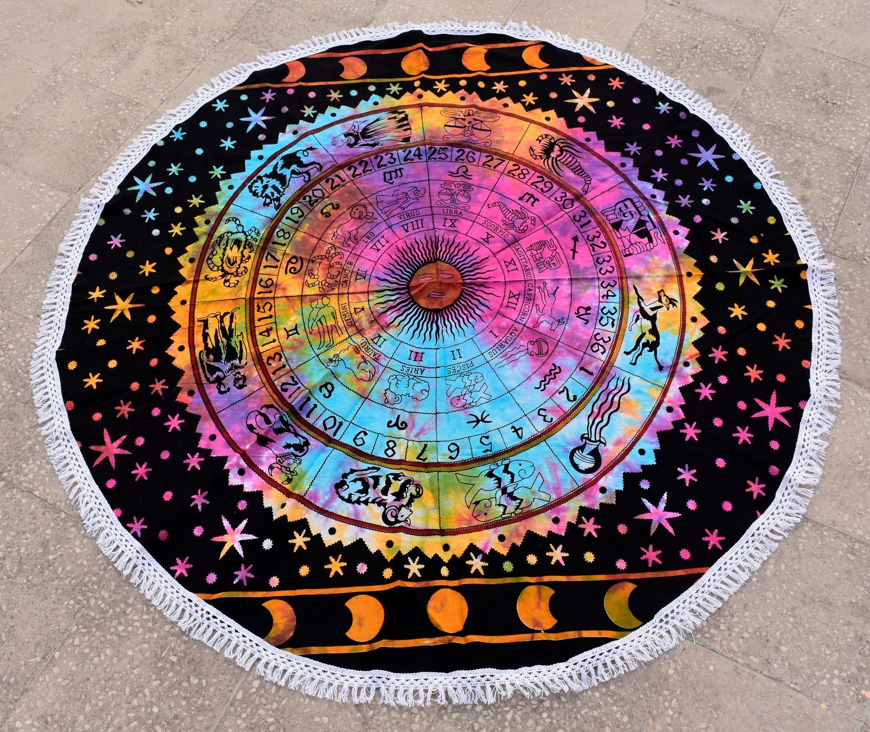 Round Tie Dye Zodiac Sign Celestial Wall Decor with Fringes Lace, Astrological Sun Moon Tapestry, Horoscope Psychedelic Wall Art, Beach Towel, Boho Picnic Throw, Gypsy Table Cloth, Yoga Mat