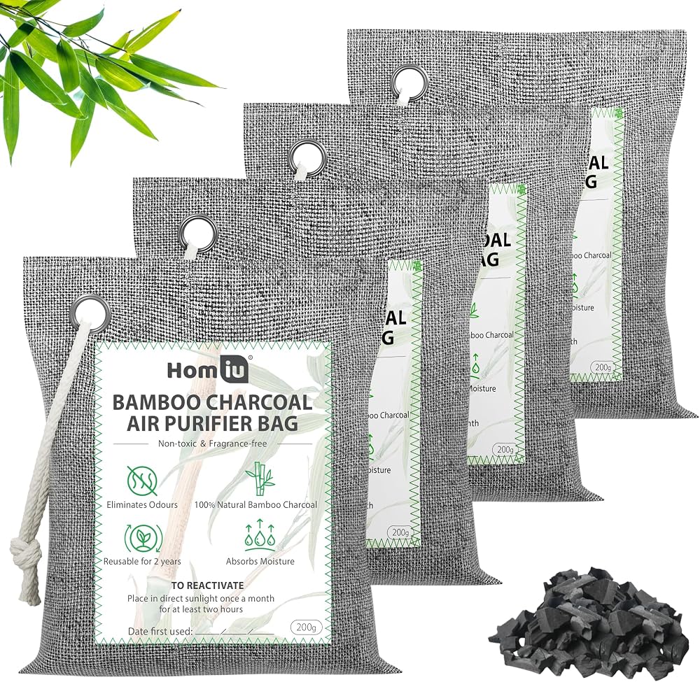 Homiu Bamboo Charcoal Air Purifying Bags 4 Pack 200g Natural Odour Eliminator
