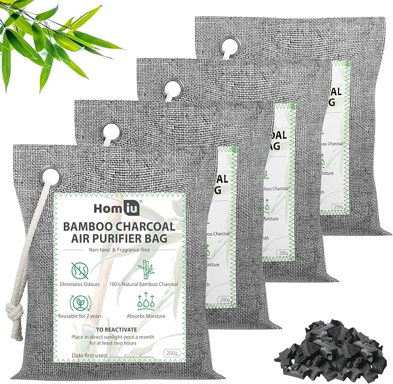 Homiu Bamboo Charcoal Air Purifying Bags 4 Pack 200g Natural Odour Eliminator