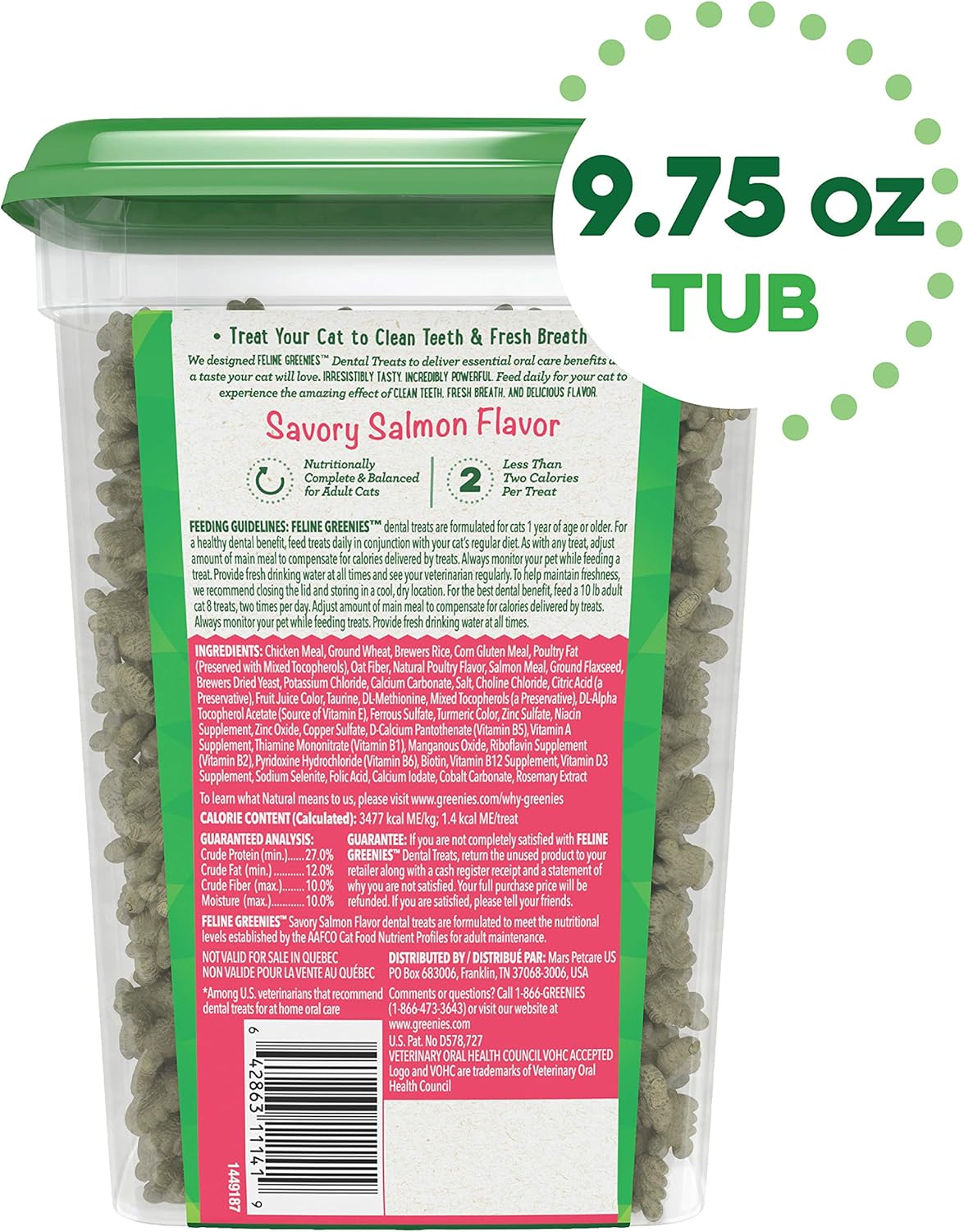 FELINE GREENIES Natural Dental Care Cat Treats Savory Salmon Flavor, 9.75 oz. Tub : Pet Supplies