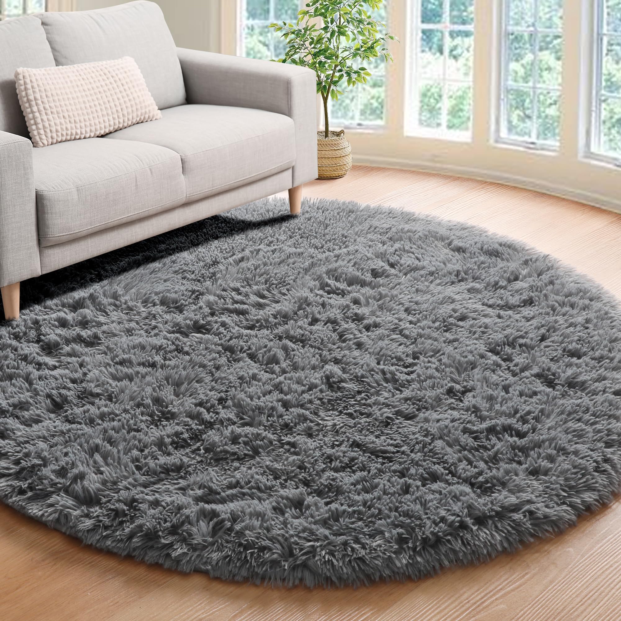 Comarkis Soft Round Area Rug for Bedroom,4 ft Gray Circle Rug for Nursery Room, Fluffy Carpet for Kids Room, Shaggy Floor Mat for Living Room, Furry Area Rug for Baby, Teen Room Decor for Girls Boys