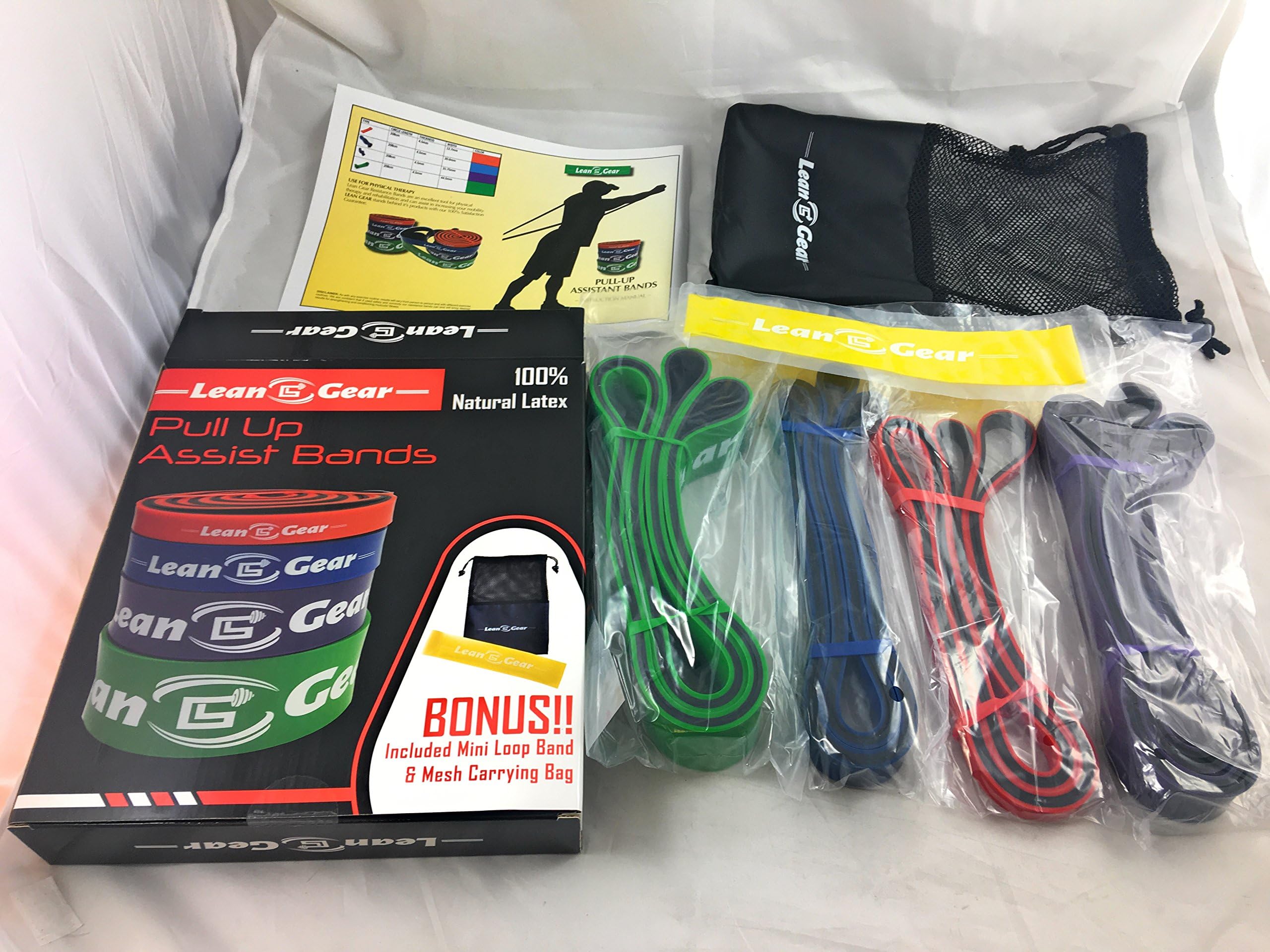 LeanGear Pull Up Resistance Band-Unique Stylish Fitness Double Color Durability and Elasticity-100% Pure Natural Latex - Toxic-Free Skin Friendly-Set of 4 Bands, Mini Loop Band, Mesh Bag, and Gift Box