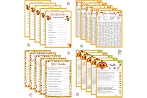 Haxpacal 50pcs Thanksgiving Trivia Party Game Cards-Autumn Gold Thanksgiving Games Holiday Party Favor Supplies Word Search Scramble Bingo Pictionary Matching Game Cards Set (No Answer)