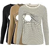 Liu & Qu Women's Nursing Tops Ribbed Long Sleeves Maternity Shirts Double Layer Breastfeeding Shirts Pregnancy Clothes 3 Pack