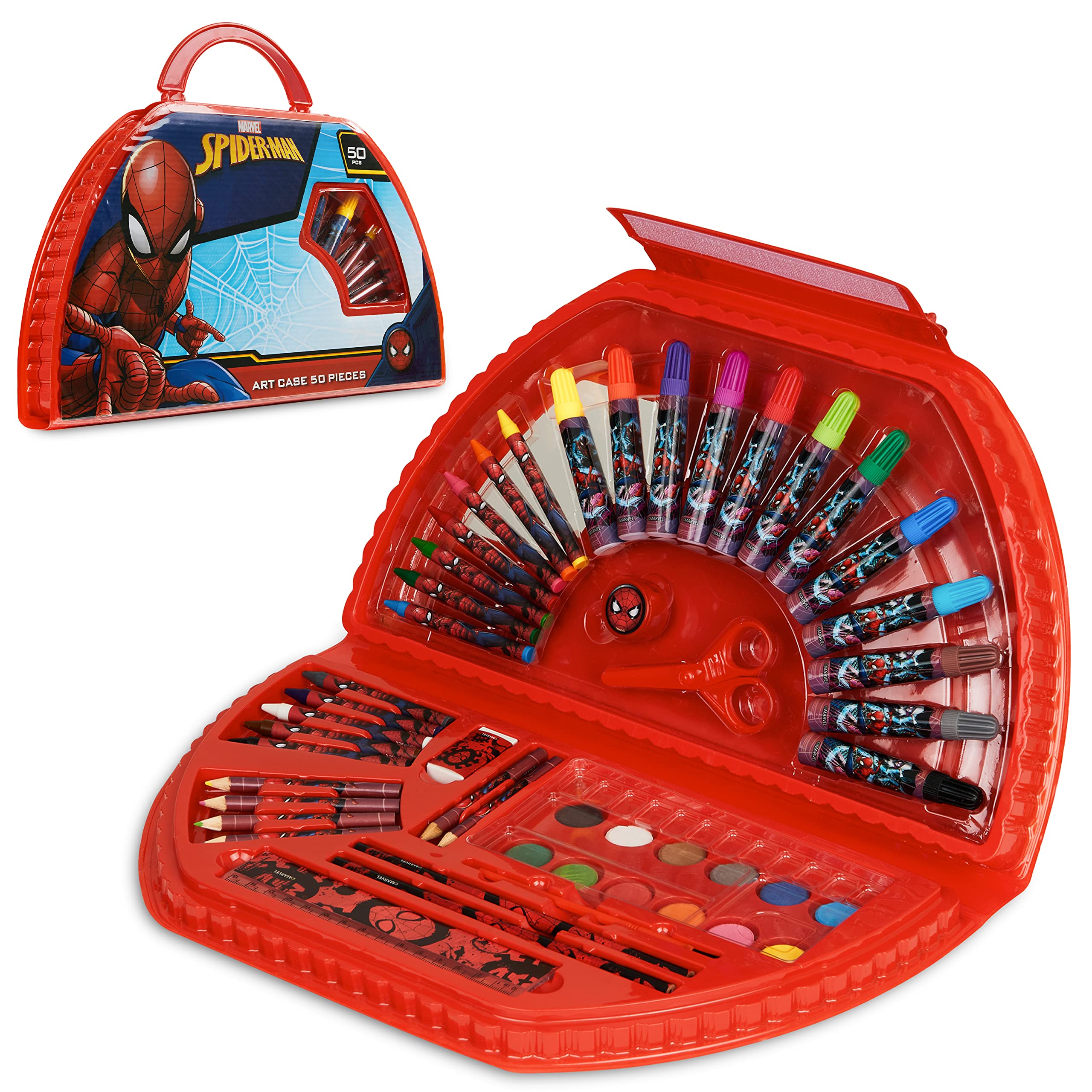 Marvel Kids Art Set for Boys Crafts Drawing and Painting Sets for Children Travel Case 40 Plus Pieces Watercolour Paints Crayons Colouring Pencils Art Supplies Spiderman Gifts
