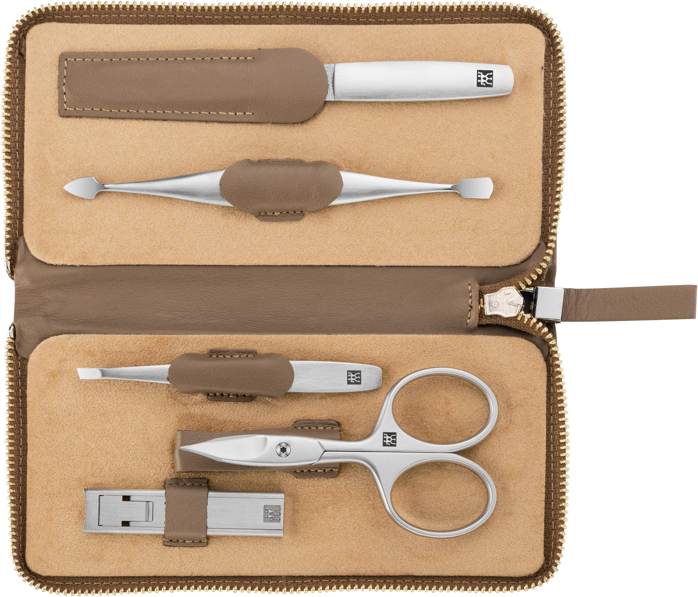 ZWILLING Manicure Set (5 piece Professional Nail Care, Genuine Leather case with Zipper, with Nail and Cuticle Scissors), Premium, Taupe