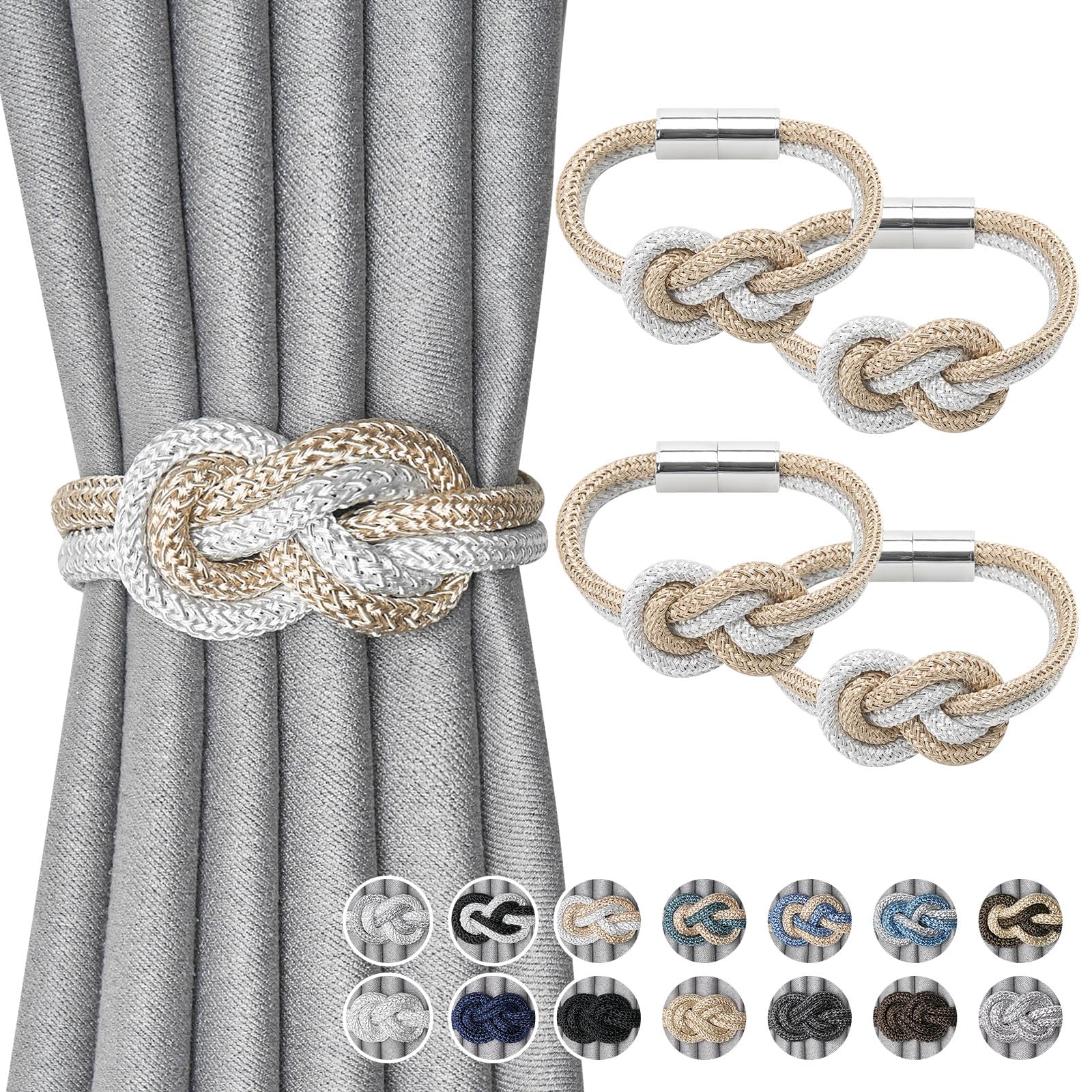 Pretty Jolly 4 Pack Mini Magnetic Curtain Tiebacks Nordic Simple Style Drape Tie Backs Elegant Hand Weave Rope Knot Decorative Curtain Holdbacks for Home & Office Window Drapery (Beige & White)