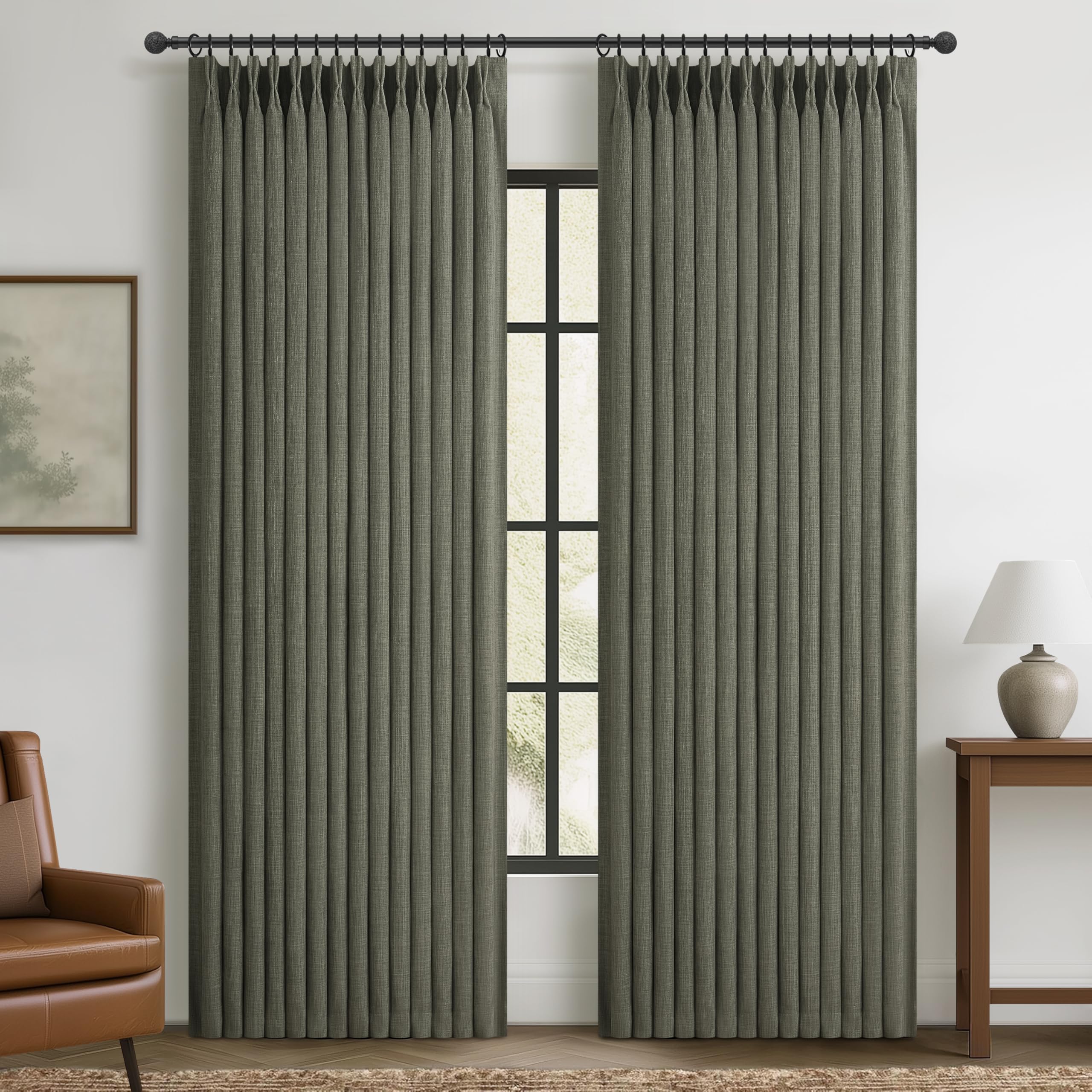 Photo 1 of 100% Blackout Greenish Gray Curtains 90 Inches Long for Kids Room, Memory Shape Pinch Pleated Natural Linen 40 x 90 Inch Length Aesthetic Curtain Privacy Light Block Window Drapes for Nursery Panels 2