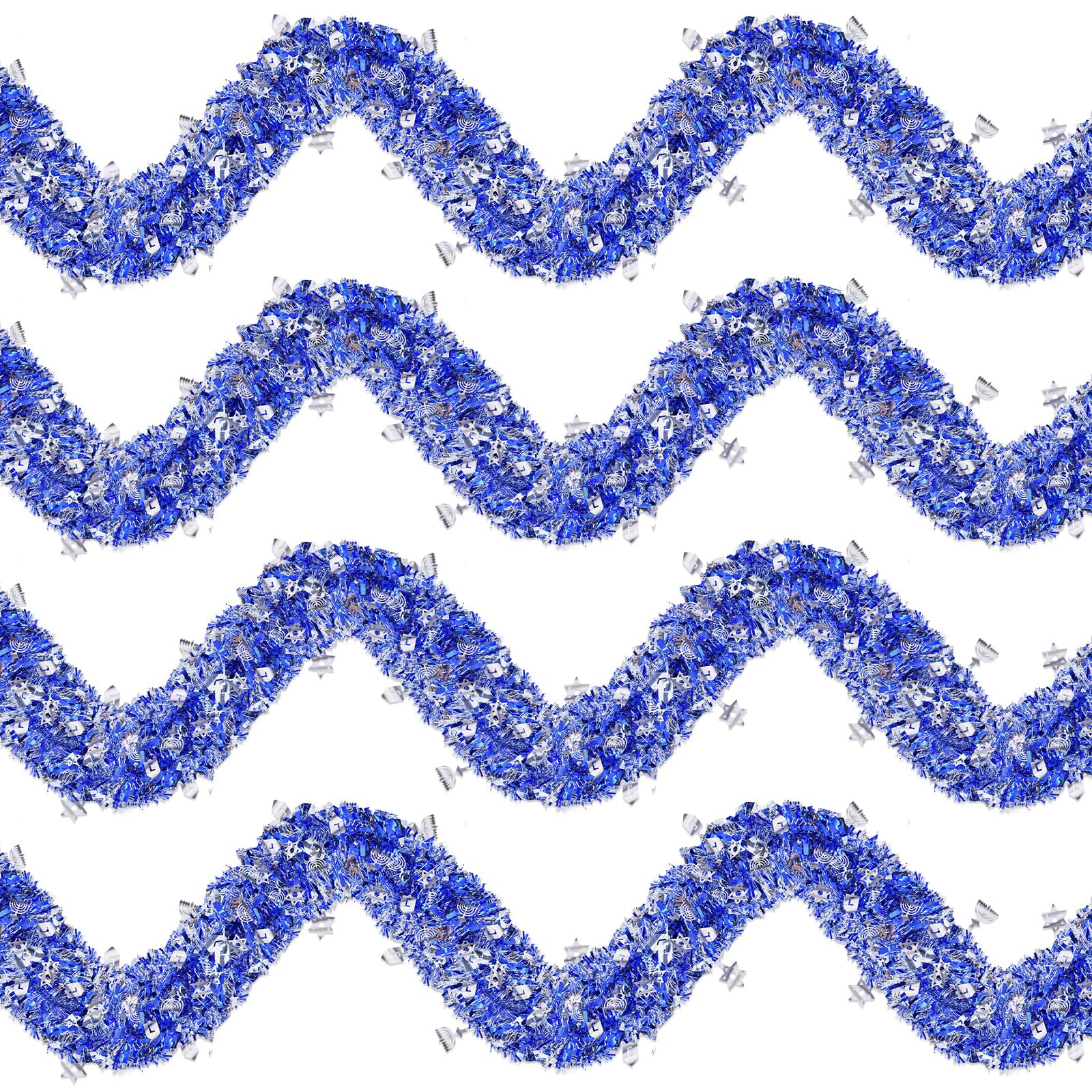 Photo 1 of 4 Strings Total 26.4 ft Hanukkah Tinsel Garlands – Each 6.6 ft Blue and Silver Metallic Garland with Star of David, Dreidel, and Menorah Cutouts for Festival of Lights Decorations