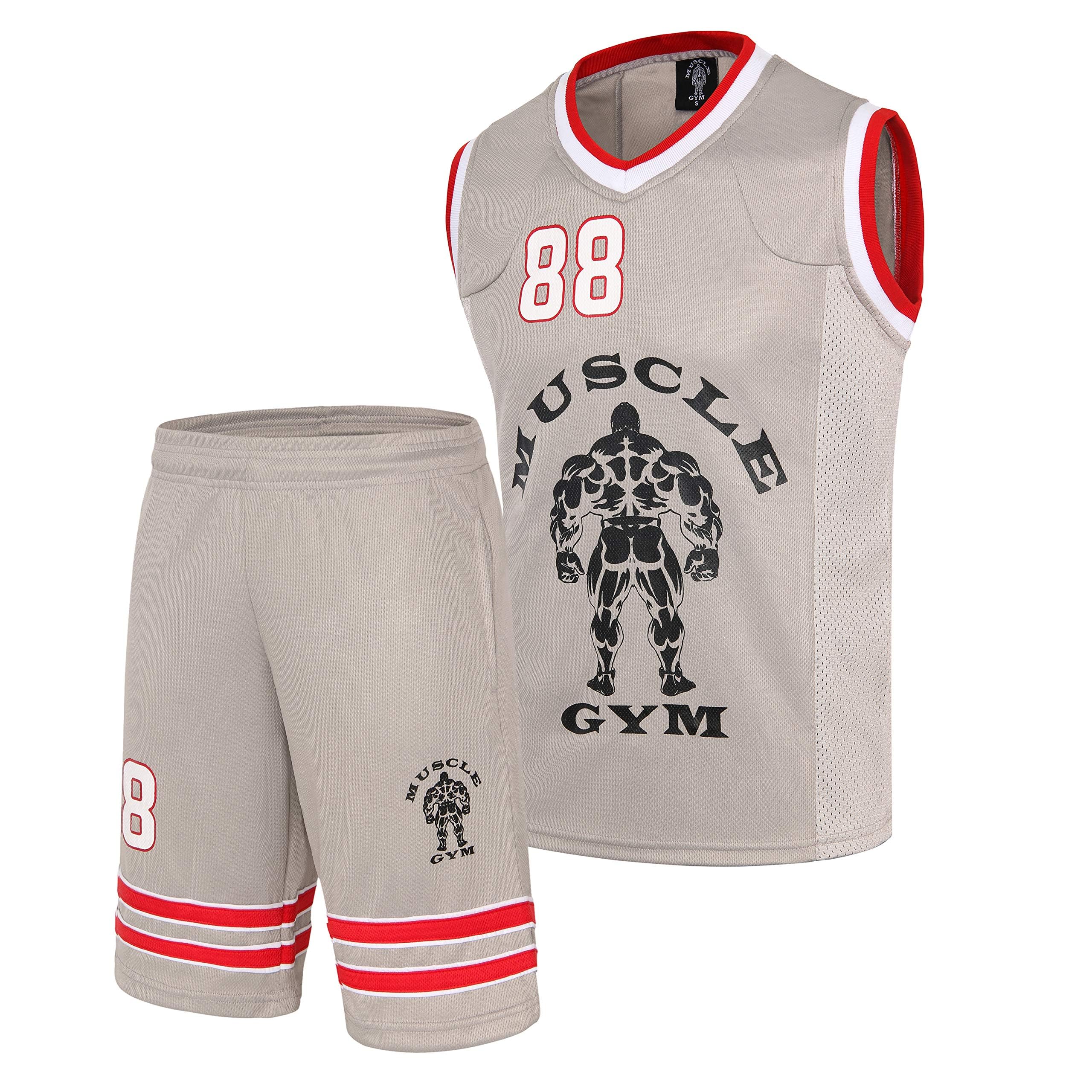 MUSCLE GYM Men’s Retro Basketball Jersey and Shorts Set – Sleeveless Tank Top with Extra Mesh Panels – Athletic Gym Wear for Sports and Casual Outfits (GREY, Extra Large)