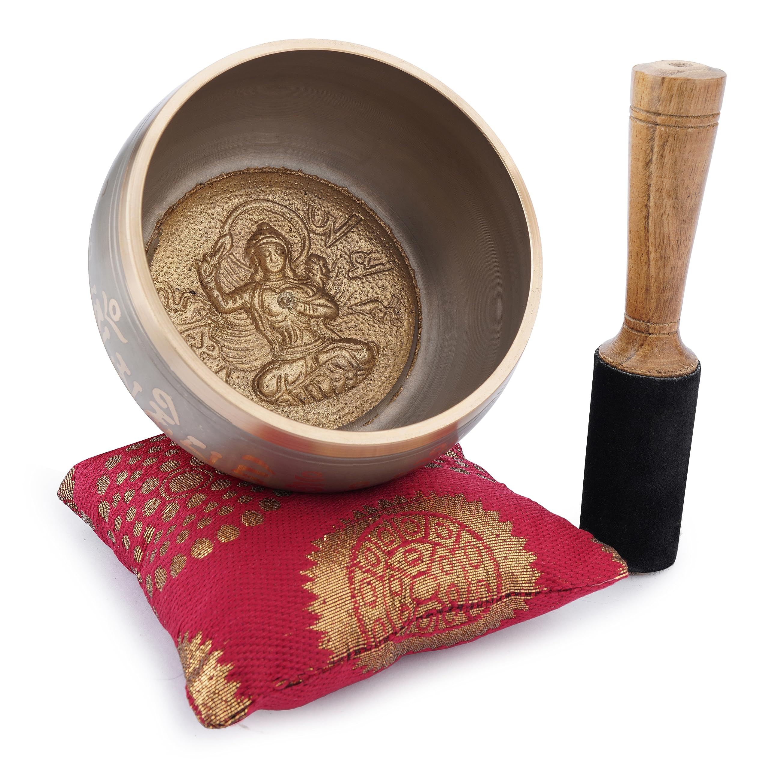 Ajuny Tibetan Singing Bowl Set Handmade Brass Sound Bowl with Mallet & Cushion Buddha Tara Design Meditation Yoga Mindfulness & Chakra Healing Therapy Stress Relief Gift (Gold/Beige, 4 In)