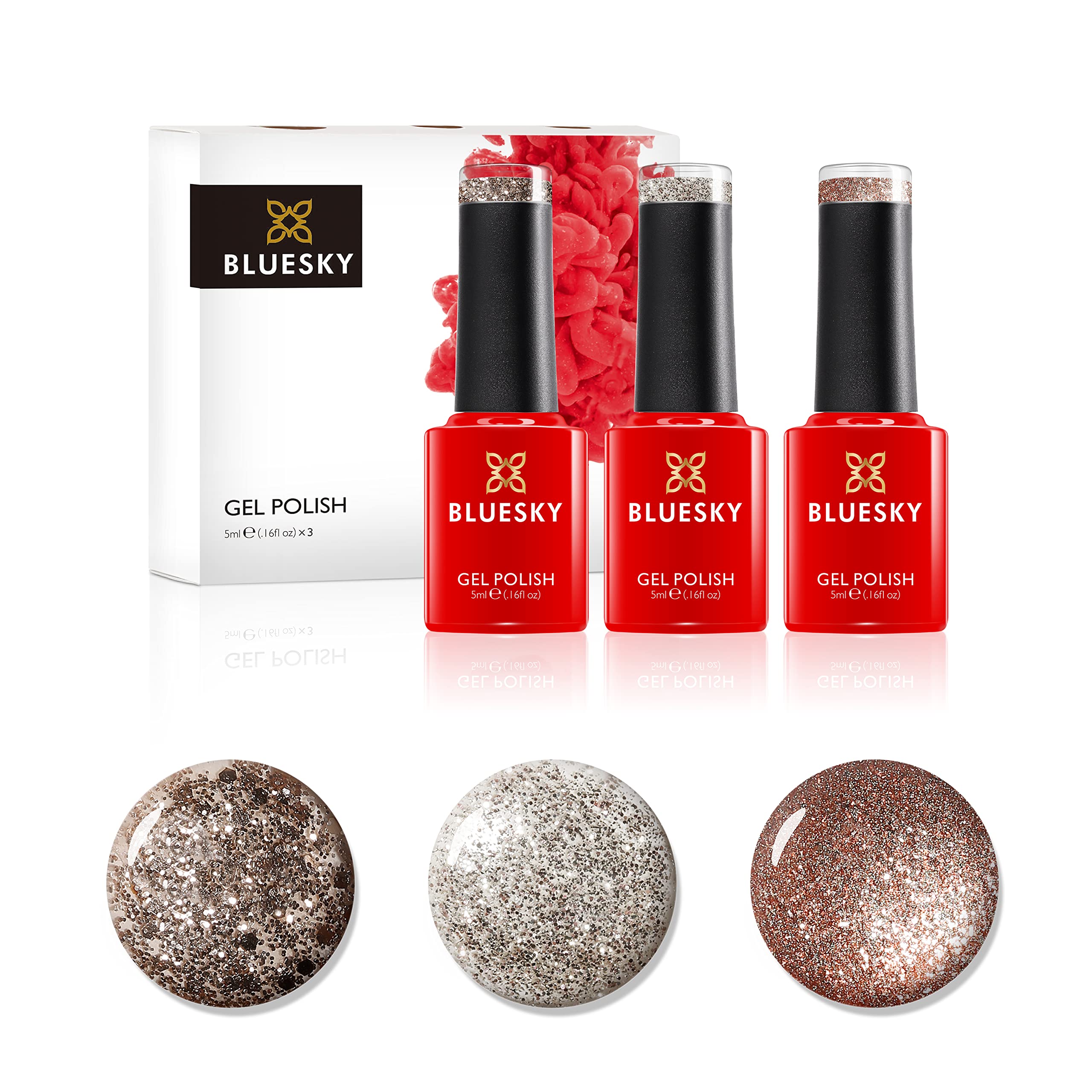 Bluesky Gel Nail Polish Set, Golden Goddess, Tinsel Toast 80544, Golden Sand Dc007, Luxury Gold KS1049, 3 x 5 ml, Gold Glitter (Requires Curing Under LED/UV Nail lamp)