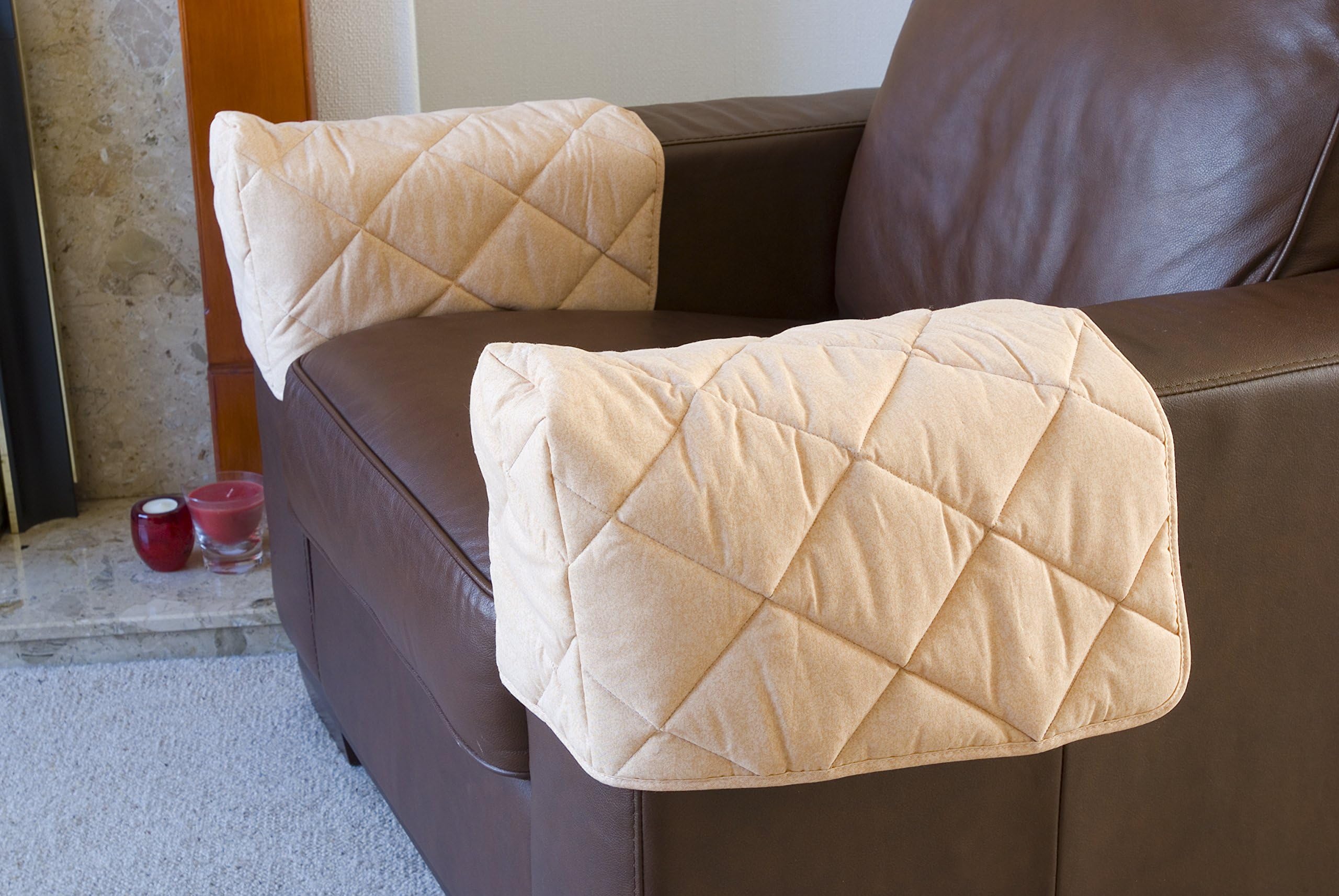 Pair of Quilted Arm Chair Protectors Furniture Covers Sofa Arms Beige