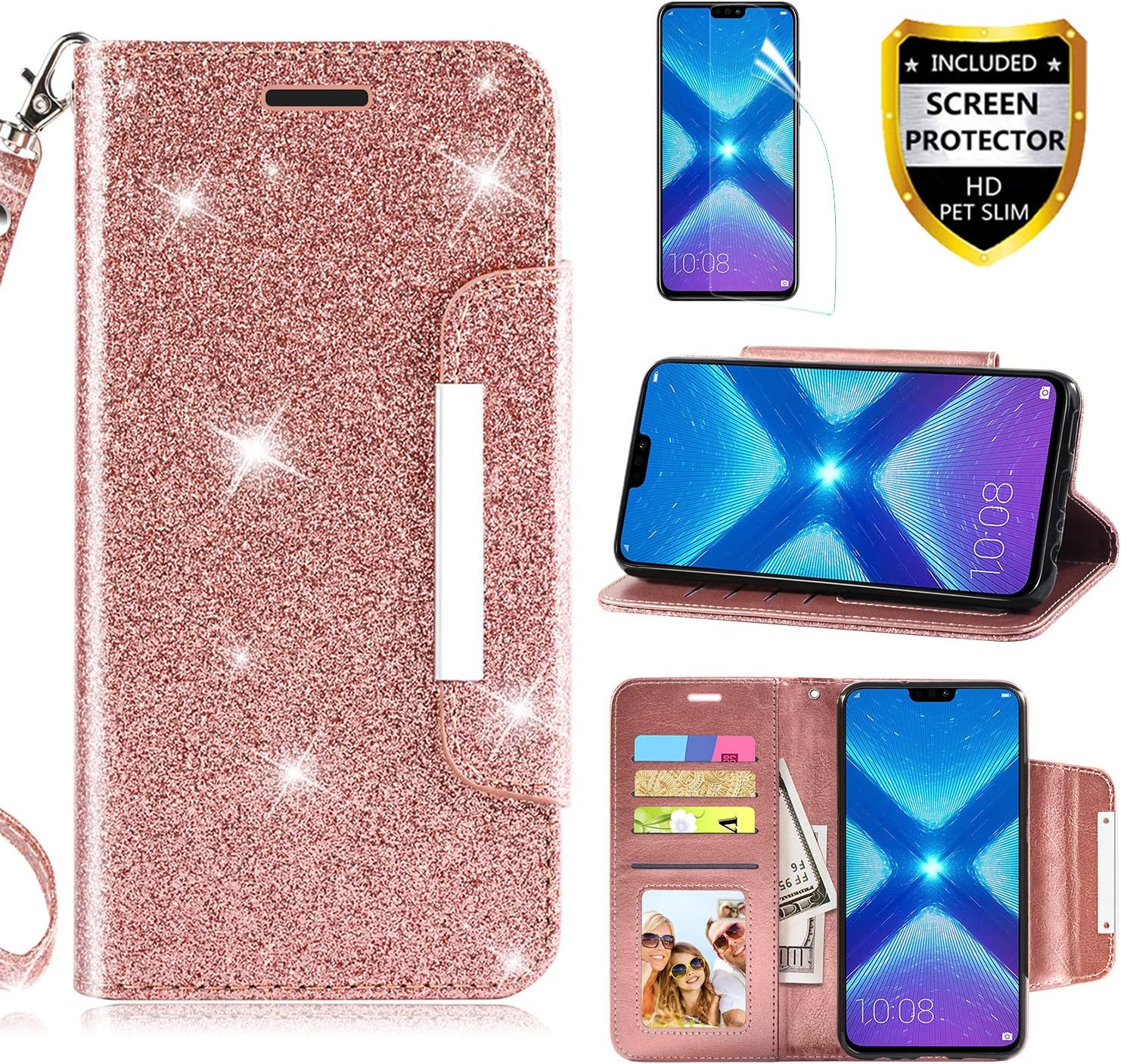 Phone Case for Huawei Honor 8X Wallet Purse with Screen Protector PU Leather Magnetic Card Holder Slot Wrist Strap Bling Glitter Spark Protective for Women Girls, Rose Gold