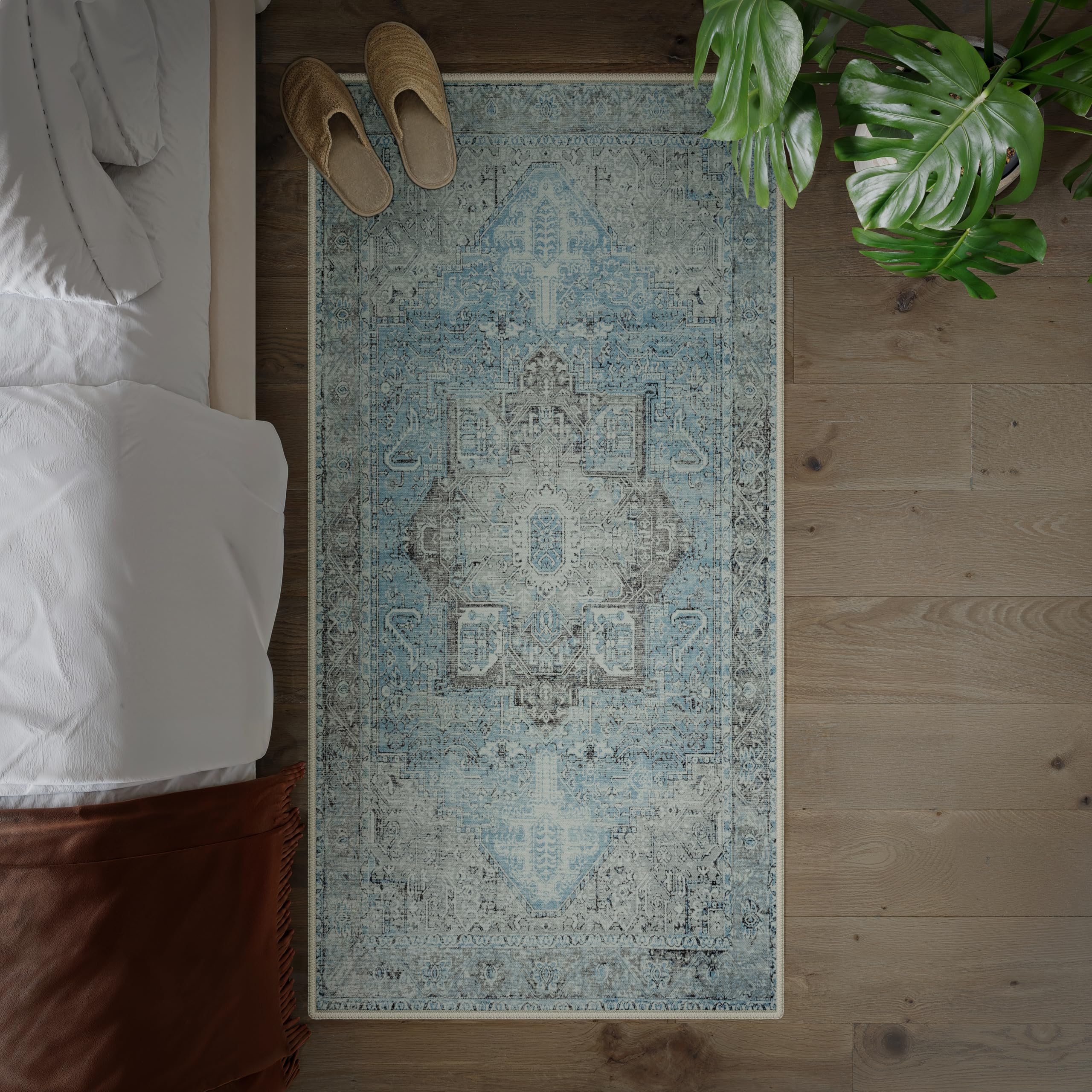 artyrugs Machine Washable Rug, 80x150cm, 75% Recycled Cotton, Short Pile, Non-Slip Backing, Non-Shedding, Suitable for Living Room, Bedroom, Kitchen, Hallway, Office, Daylight Blue & Silver
