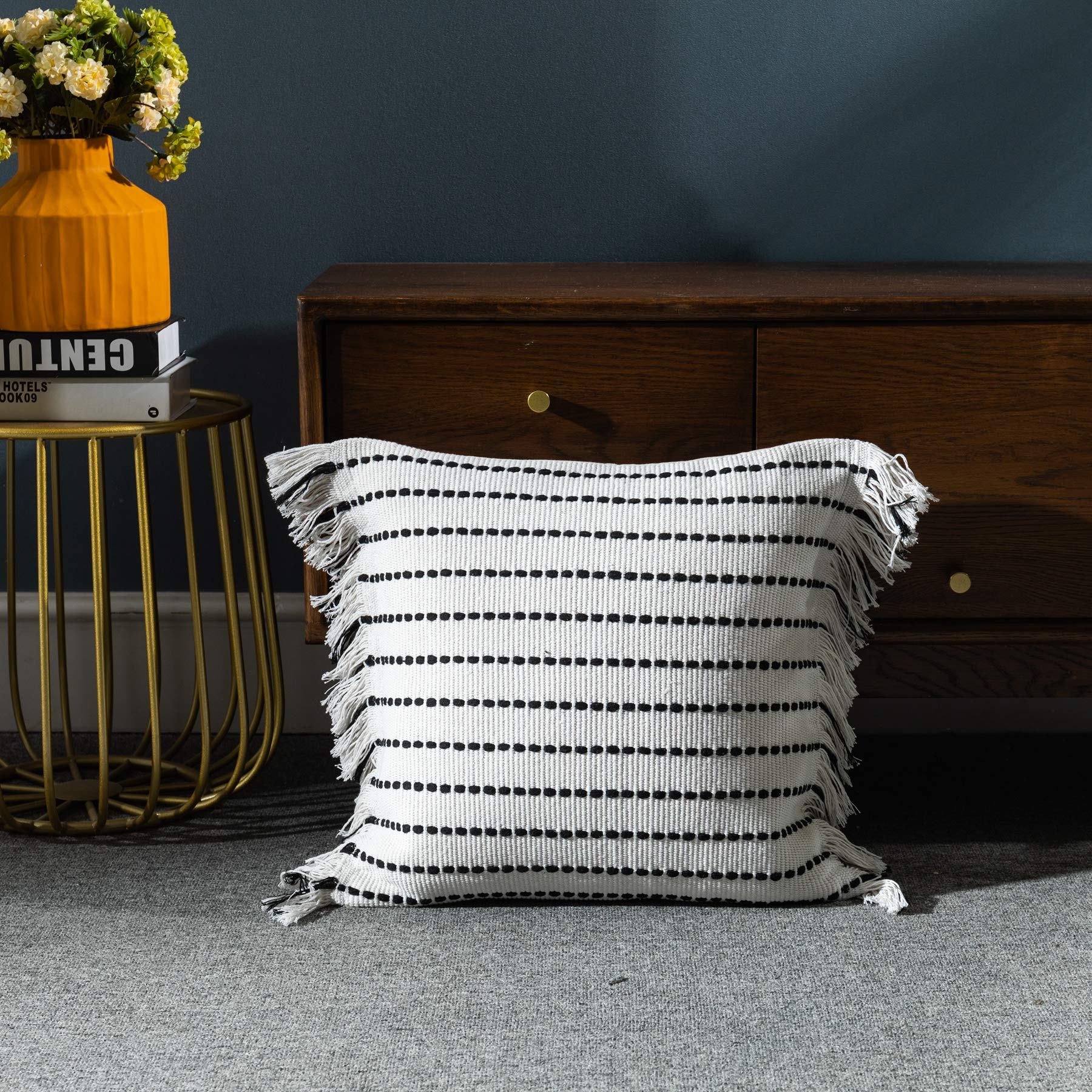 LIGICKY Home Decorative Boho Tassel Throw Pillow Covers Square Woven Cotton Cushion Cover Striped Pillowcases for Couch Sofa Bedroom Living Room, Black and White 18 x 18 Inch