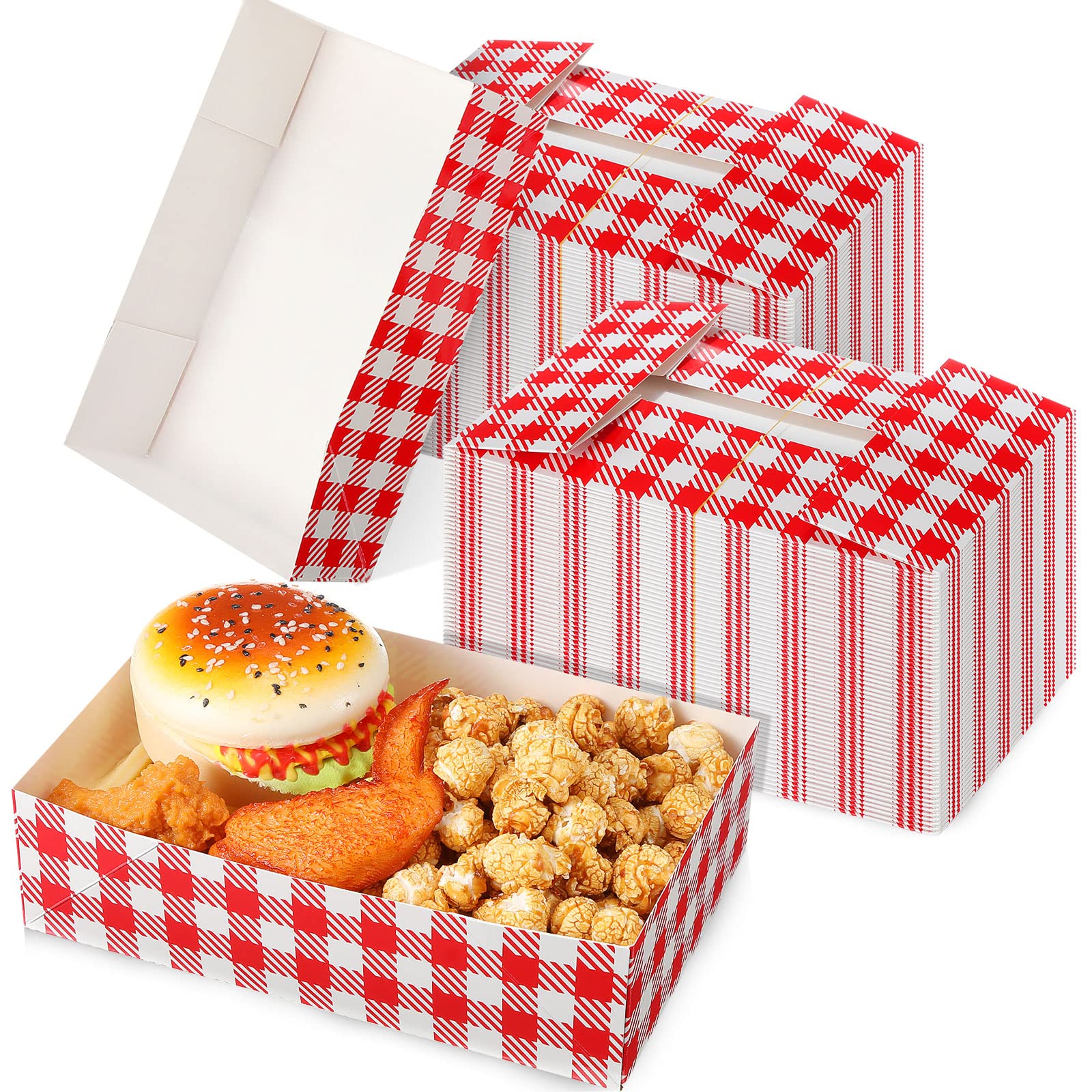 Photo 1 of 100 Pieces Red Checkered Food Tray Gingham Paperboard 4 Corner Pop up Food Tray Disposable Paper Food Trays Movie Night Snack Trays for Gingham Party Holding Food Drink at Stadiums or Movie Theater