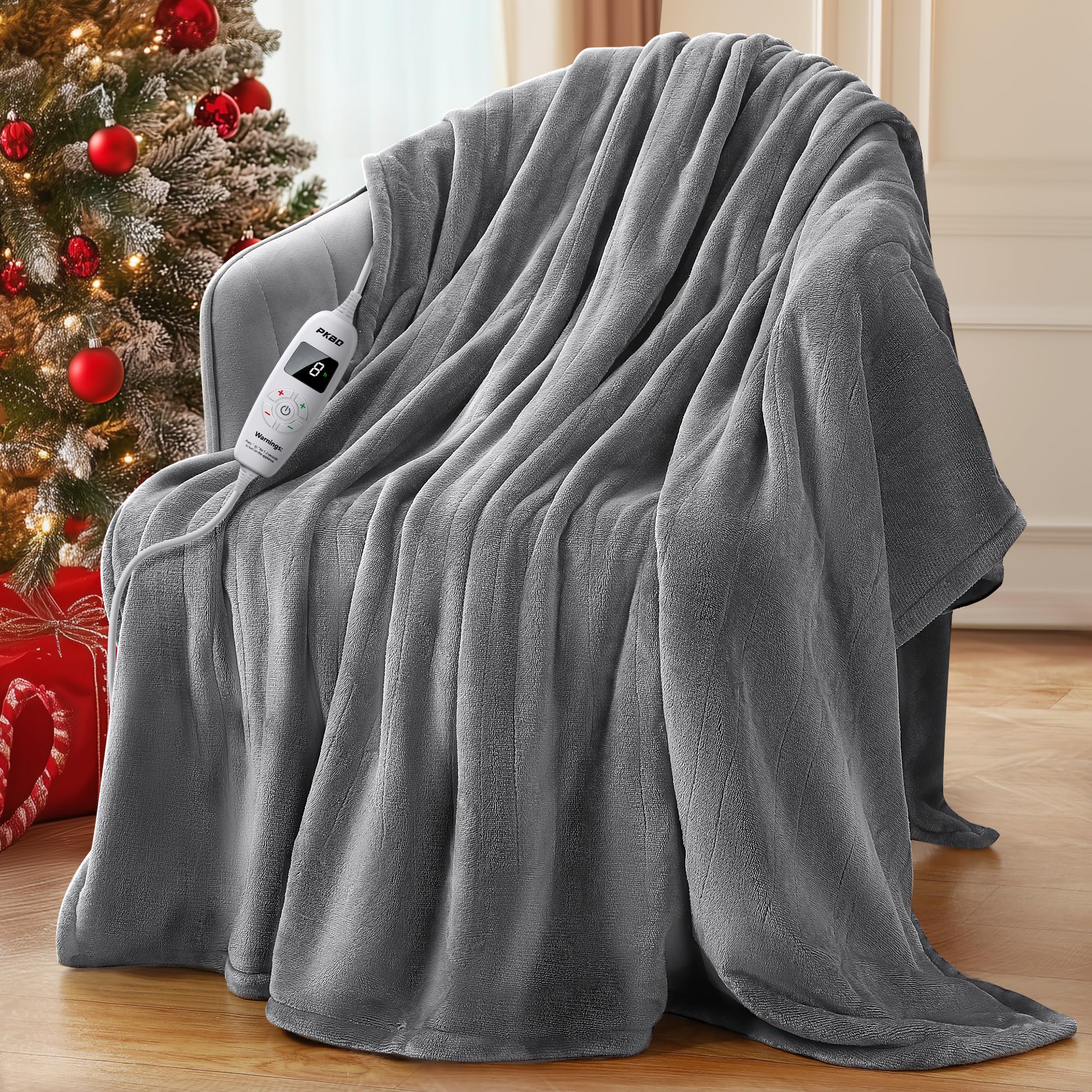 Photo 1 of PKBD Electric Heated Blanket Throw, 50"x60" with 10 Heating Levels, 8 Hours Auto Shut Off & Overheat Protection, Machine Washable Flannel, Dual Sided, Light Grey