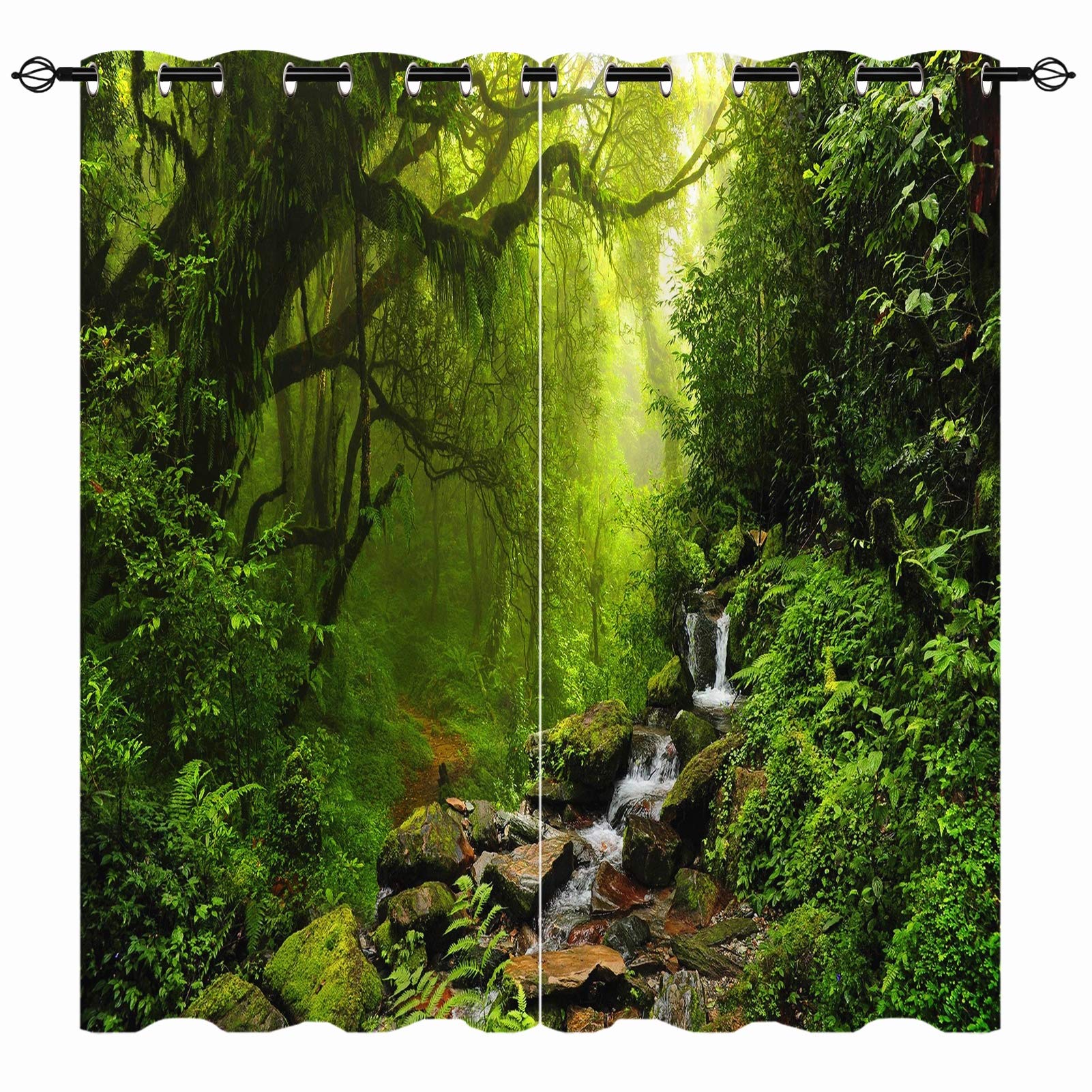 YUANZU Nature Curtains, Forest Jungle Rainforest Scenery Waterfall Green Tree Leaf 3D Print Patterned Eyelet Thermal Insulated Blackout Window Drapes for Bedroom Living Room 2 Panels W117cm x D137cm — image 1