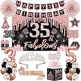 35th Birthday Decorations for Women,32PCS 35th Birthday Party Decorations,Including Backdrop, Crown, Sash, banner, Hanging Swirl,Cake Topper,Paper Fans,balloons and Anniversary Card