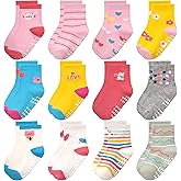 LIFPAU Non Slip Toddler Socks with Grip Boys Girls 12 Pairs Anti Skid Crew Socks Baby Kids Children Cartoon Pattern