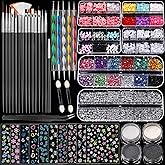 FANDAMEI Nail Art Brushes Set, Nail Art Kits, 3D Nail Charms Nail Design Tools Kit, Nail Set for Beginners ,Nail Dotting Tool, Nail Rhinestones,Chrome Nail Powder,Nail Stickers Nail Art Decoration Kit