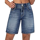 roswear Women's Stretchy Wide Leg High Waisted Frayed Hem Long Jean Shorts