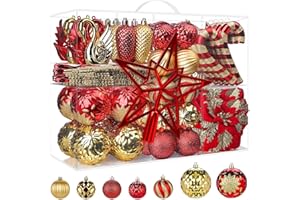 Alupssuc 128pcs Christmas Balls Ornaments Set, Shatterproof Plastic Baubles Christmas Flowers and Tree Topper for Xmas Tree Holiday Wedding Party Decorations with Hanging Strings, Red and Gold