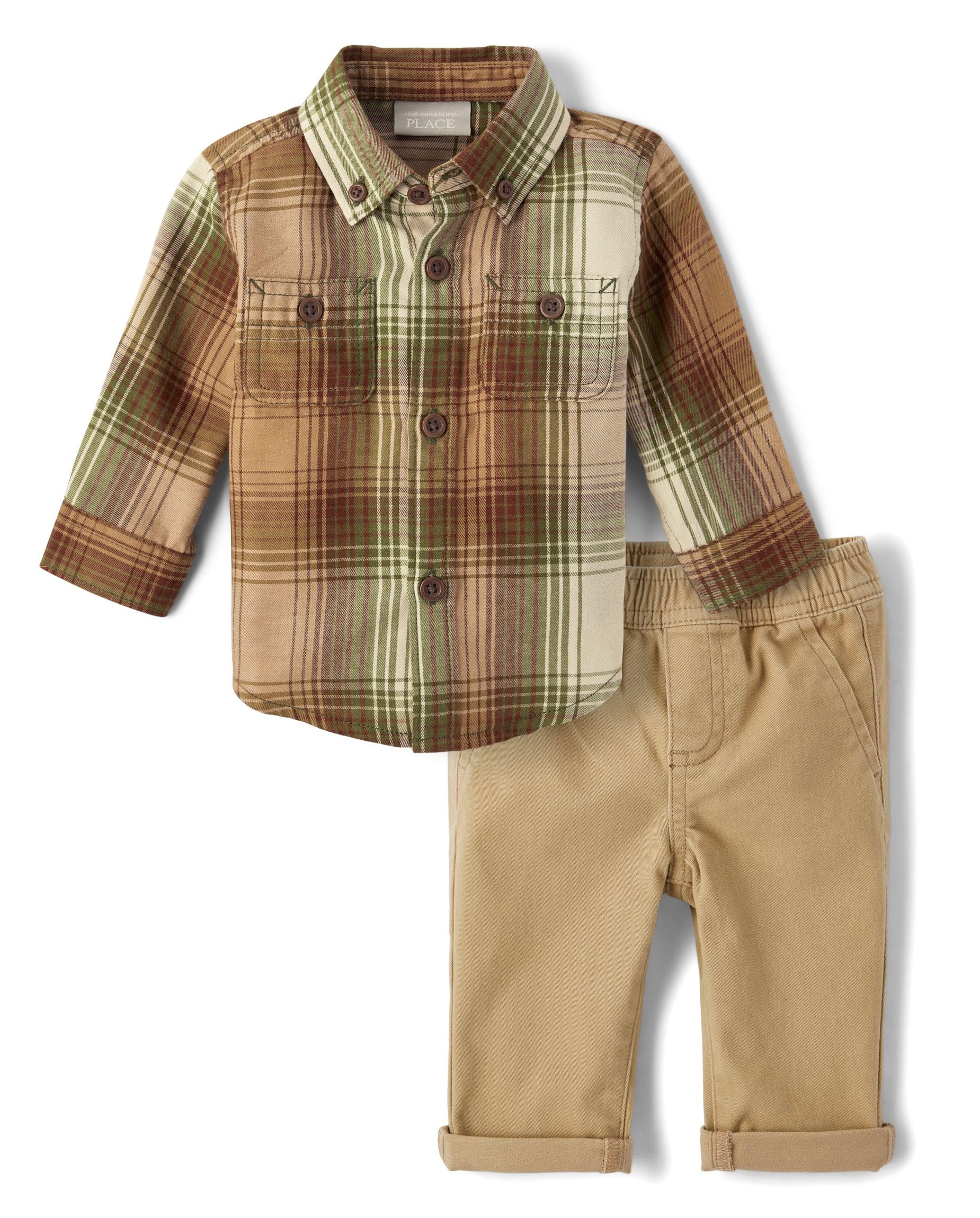 Photo 1 of The Children's Place,Baby Boys,and Newborn Long Sleeve Dress Shirt and Pants 2-Piece Set,Tan Plaid Set,12 Months,18 Months MISSING TOP