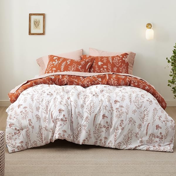BEDSURE TERRACOTTA QUEEN COMFORTER SET – REVERSIBLE FLORAL BED SET, SOFT SUMMER LIGHTWEIGHT BEDDING FOR BEDROOM, 1 SOFT BOTANICAL FLOWERS COMFORTER AND 2 PILLOW SHAMS