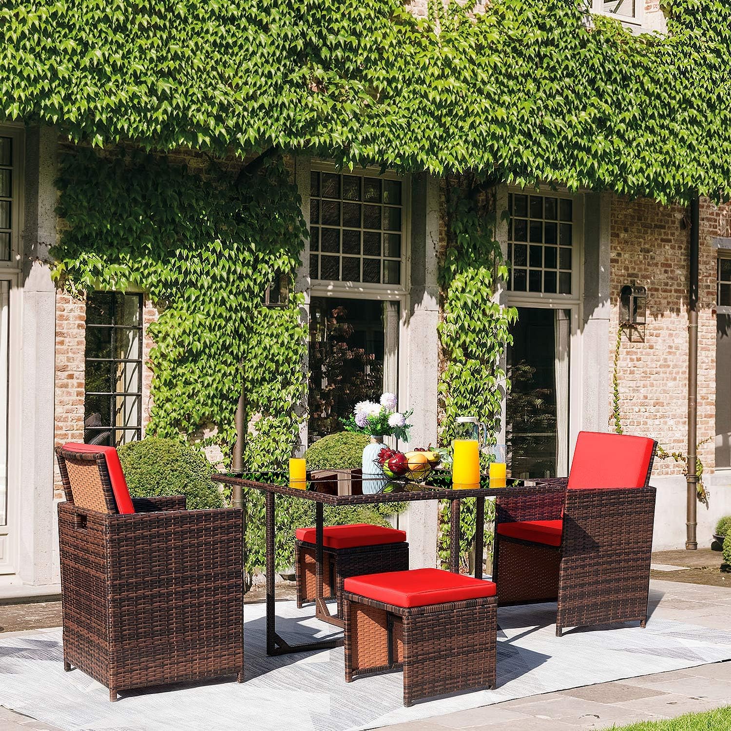 KaiMeng 5 Pieces Patio Dining Sets Space Saving Outdoor Brown Black Wicker Rattan Chairs Furniture Balcony Conversation Porch with Ottomans Glass Table Sectional Wicker Seating (Red)