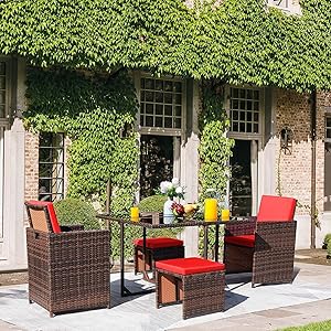 KaiMeng 5 Pieces Patio Dining Sets Space Saving Outdoor Brown Black Wicker Rattan Chairs Furniture Balcony Conversation Porch with Ottomans Glass Table Sectional Wicker Seating (Red)