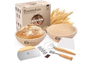 ABIOTO Sourdough Bread Proofing Baskets and Baking Supplies, A Complete Bread Making Kit Including Two 9" Round Bannetons, Bread Lame, Danish Whisk, Bowl & Dough Scrapers, and Linen Liners