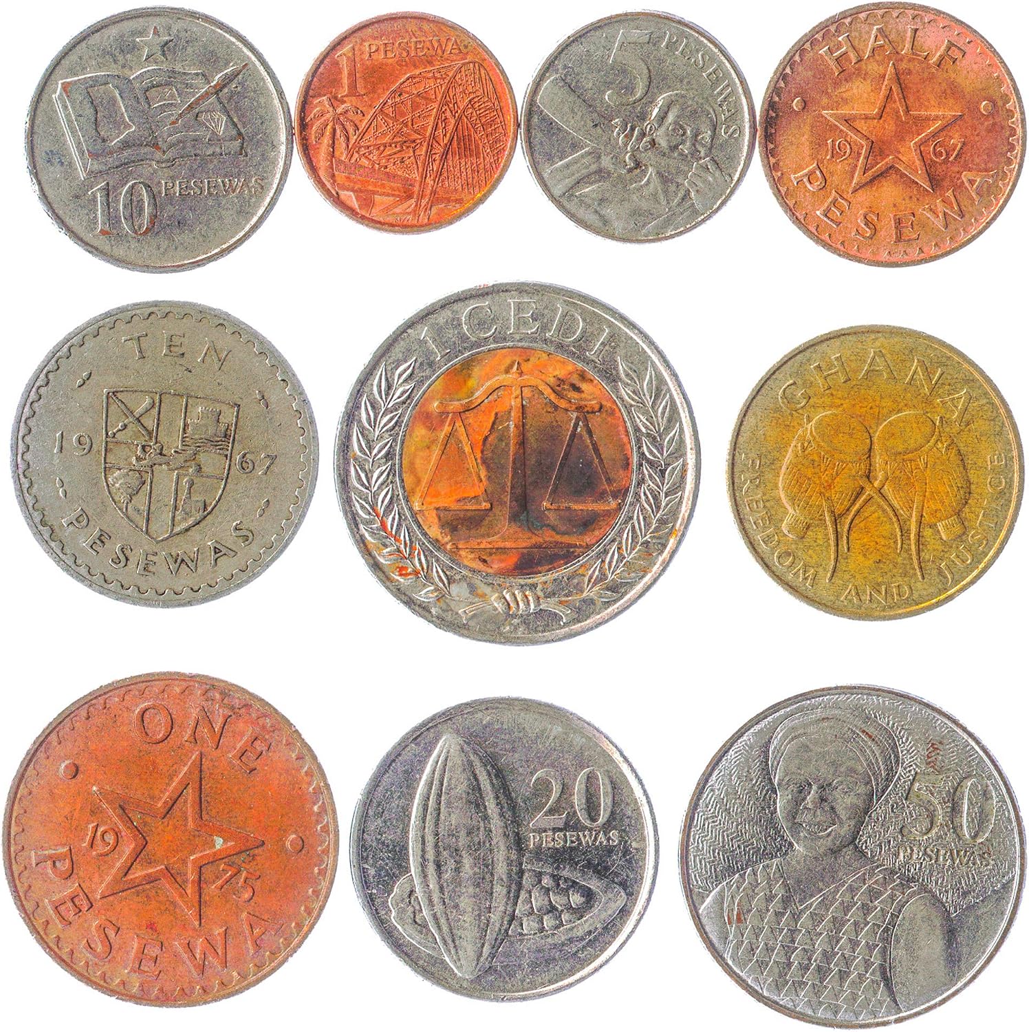 10 Ghana Coins 1 Pesewa - 1 Cedi, Small