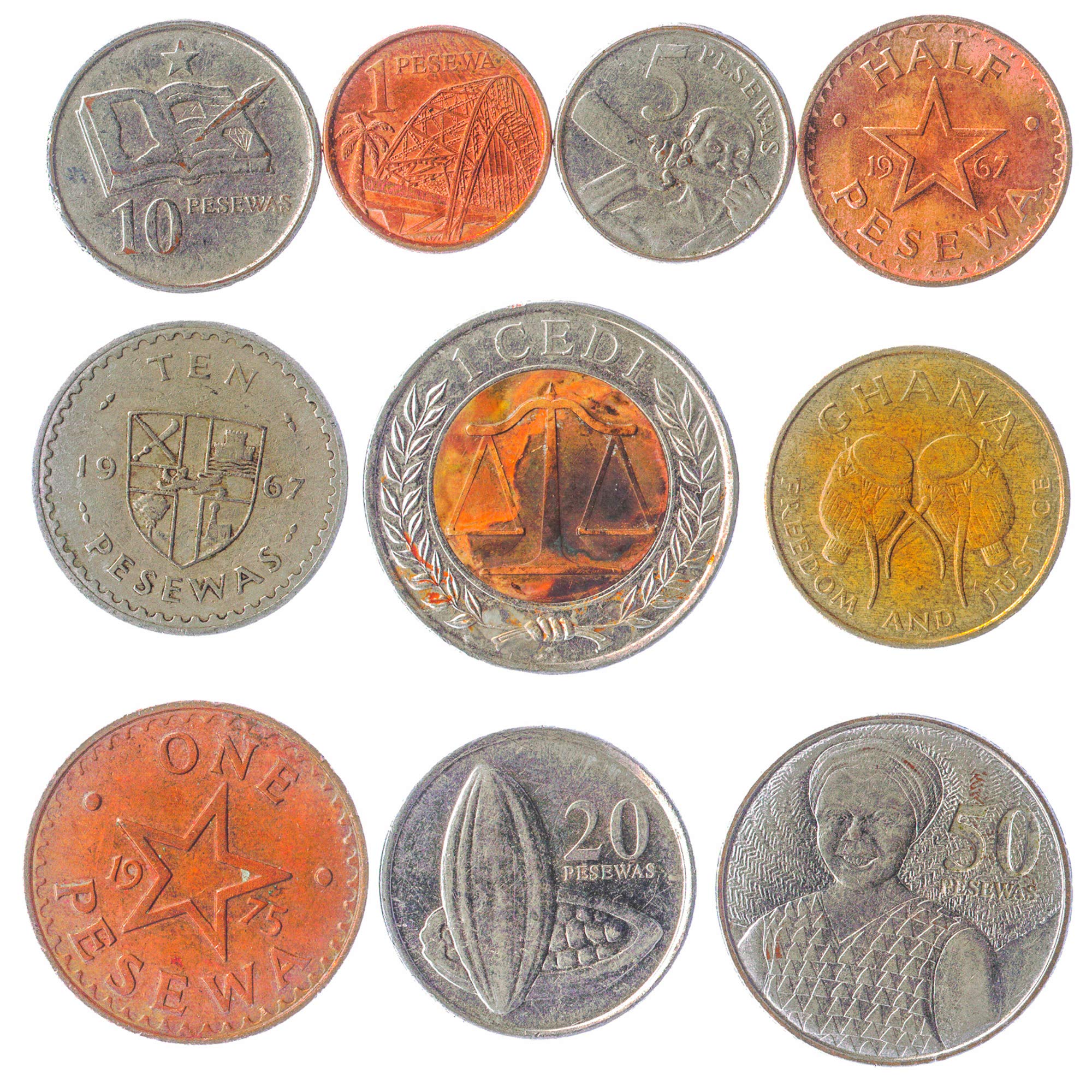 10 Ghana Coins 1 Pesewa - 1 Cedi | Old Coins Collection from West Africa Since 1965 | Perfect Choice for Your Coin Bank Coin Holders and Coin Album