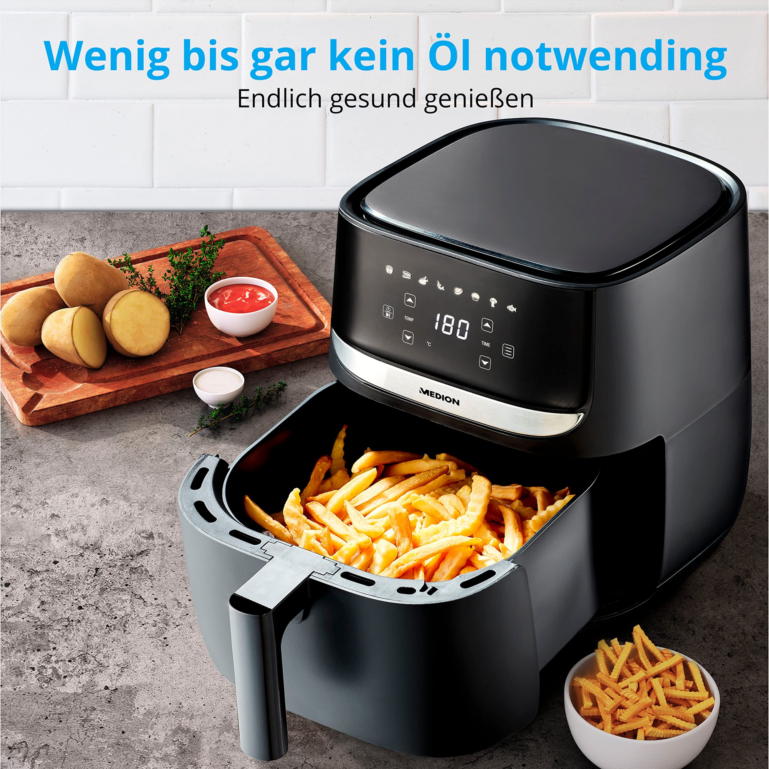 MEDION E50 XL Heißluftfritteuse (5,7 Liter, Airfryer, ca. 1700 Watt, Digitales Bedienfeld, 8 Automatikprogramme, ölfreies Frittieren, 30 Min Timer, Überhitzungsschutz, MD10532) 4